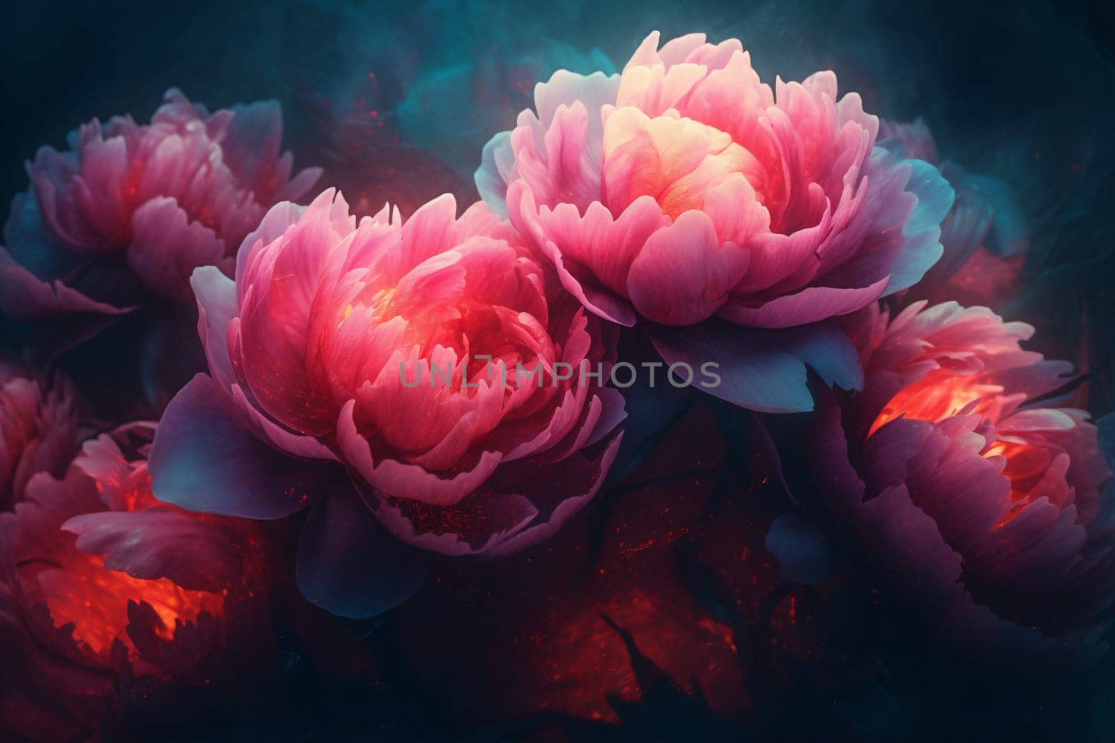 flower shimmer pink garden flora violet peony horizontal spring art pattern bloom colours neon abstract blossom nature vintage bright design. Generative AI.