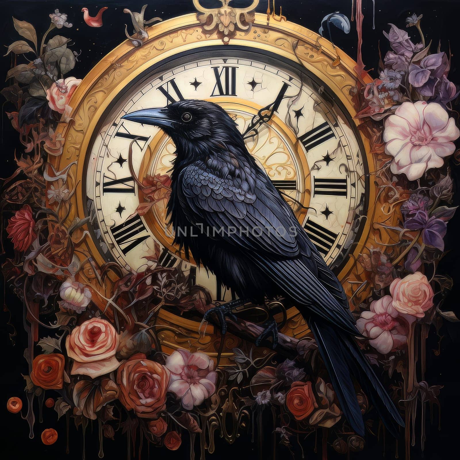 Handmade wooden Wall clock with border of flowers and black crow sitting on them AI