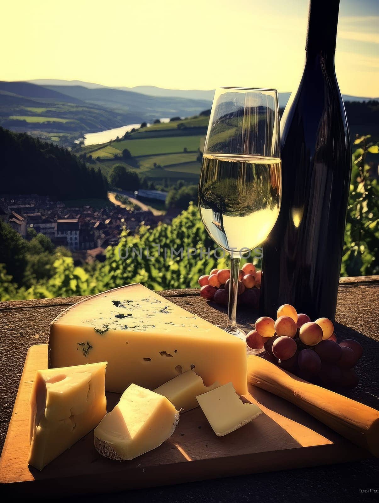 Cheese board and white wine against the backdrop of village. AI by but_photo