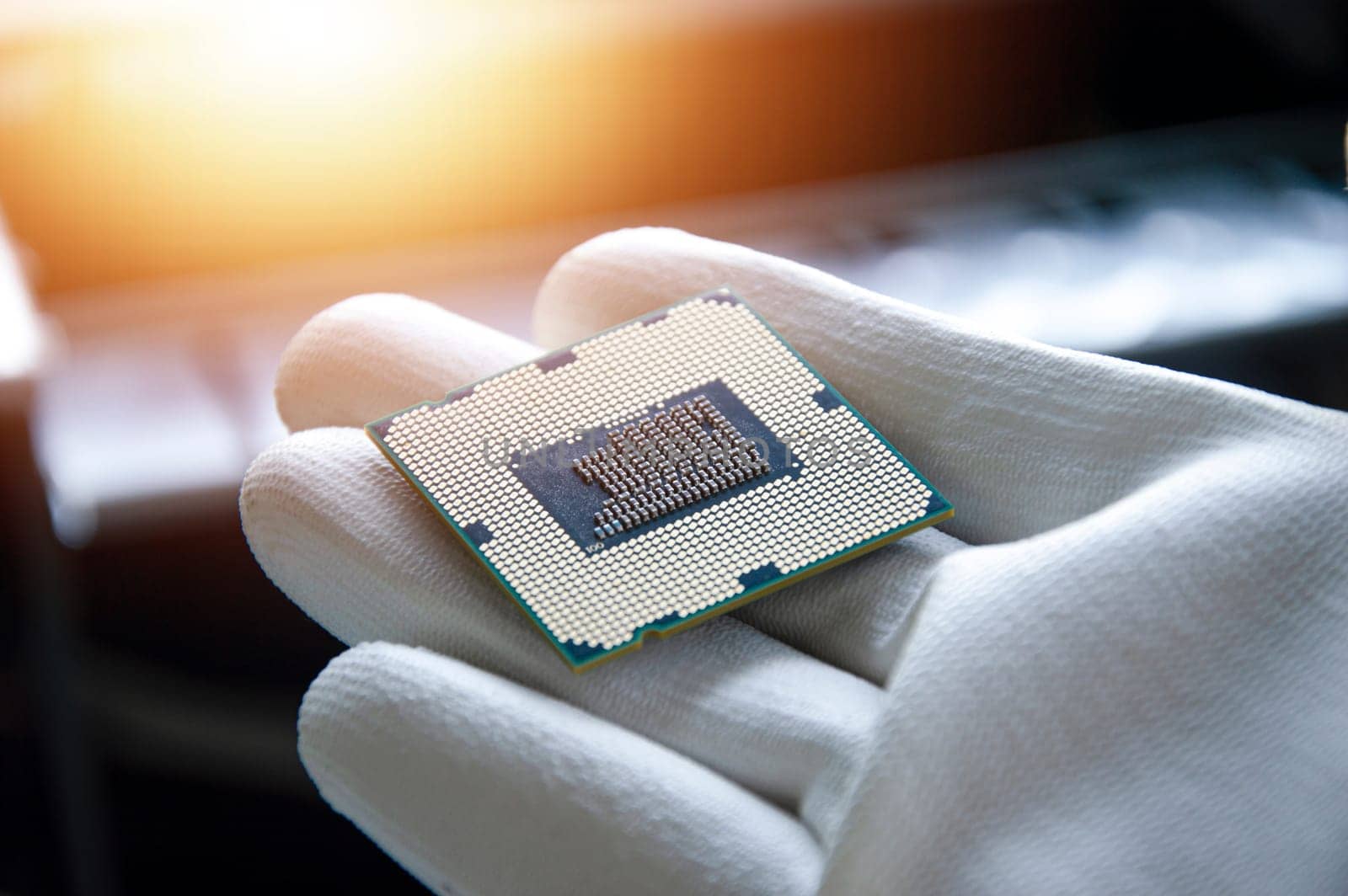 An image of a technician holding a CPU in his hand.
