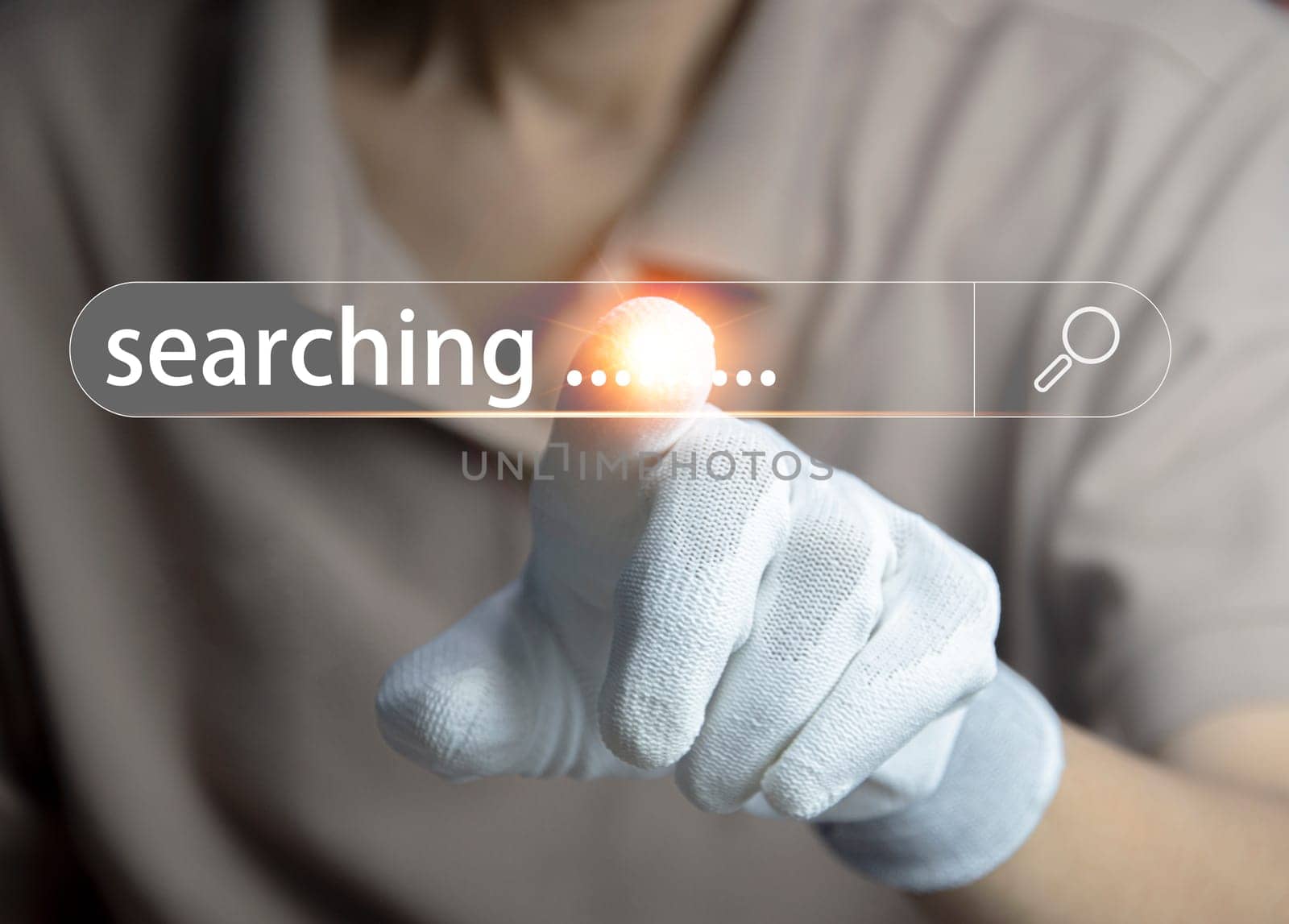 Searching information concept. Hand of man touching in icon search