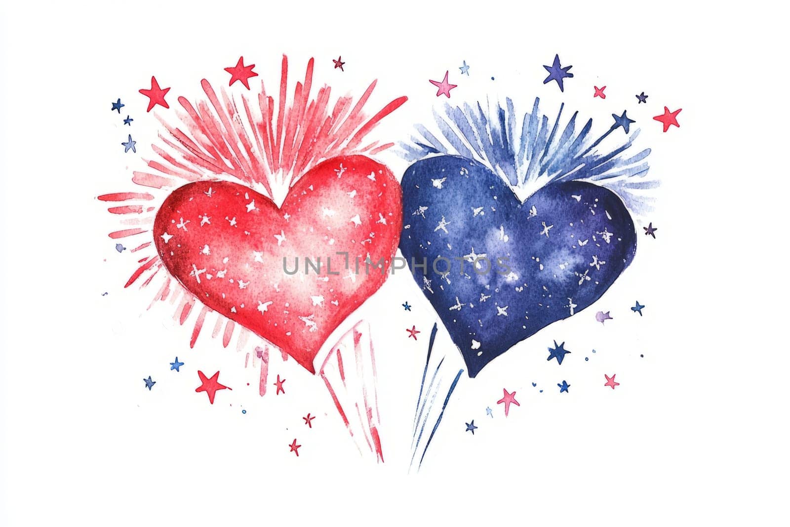 Watercolor of heart shaped fireworks with drops isolated on a white background Valentines day