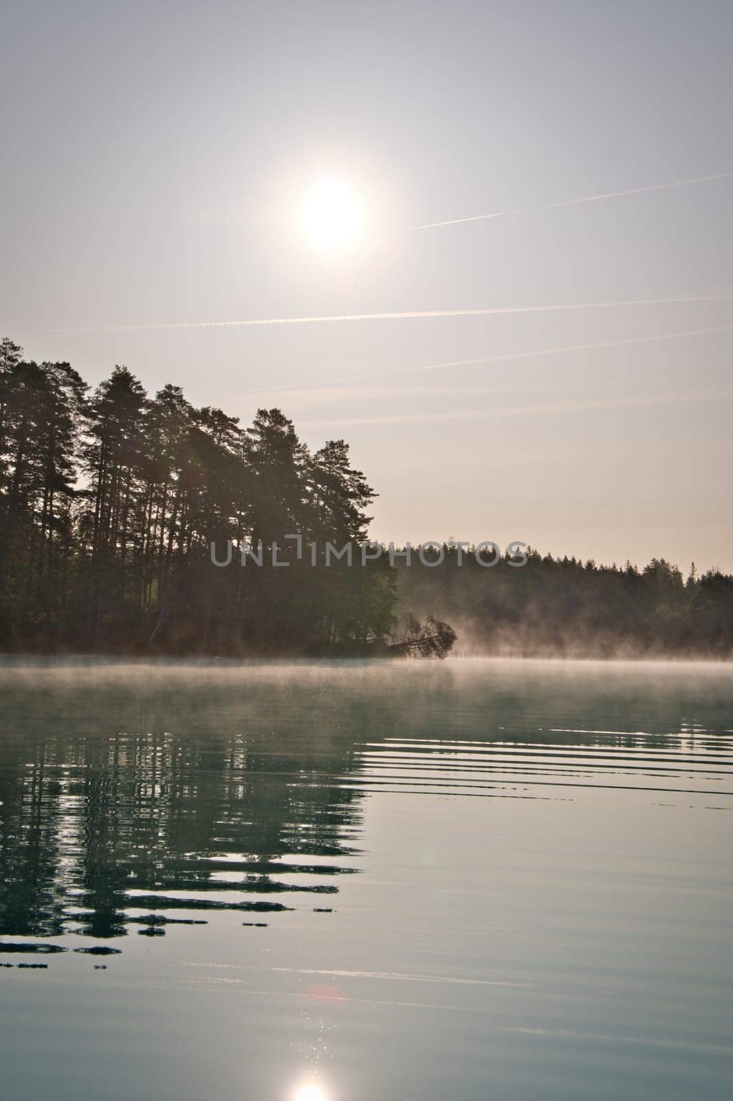 Sunrise with fog forming over a lake in Sweden, at dawn. Romantic silence, in the Scandinavian nature