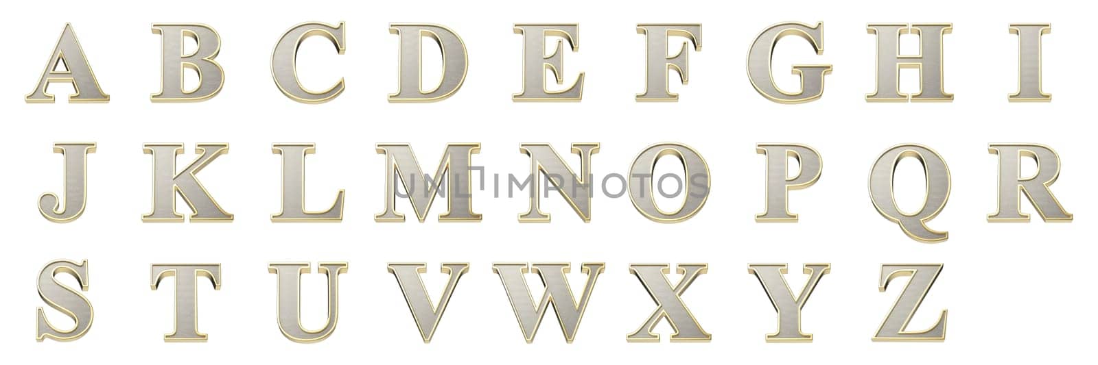Set of English alphabet letters with a metallic silver finish and a shiny golden frame