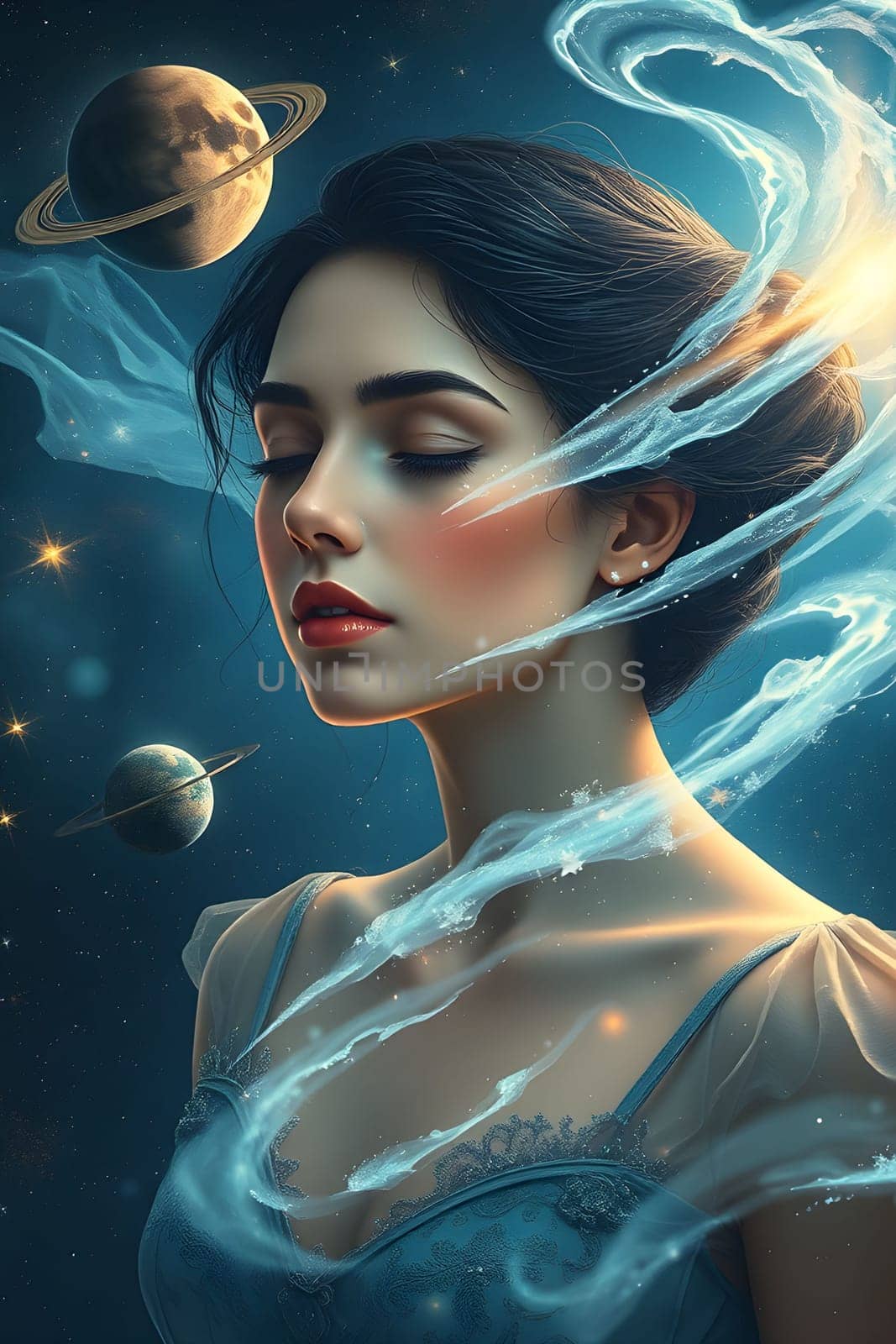 cosmic meditation space universe women . High quality photo image. An illustration of a woman in meditation against a backdrop of outer space. Planets and streams of light surround her, creating an atmosphere of calm and connection with the universe. A perfect image for projects involving spirituality, space, dreams and fantasy.