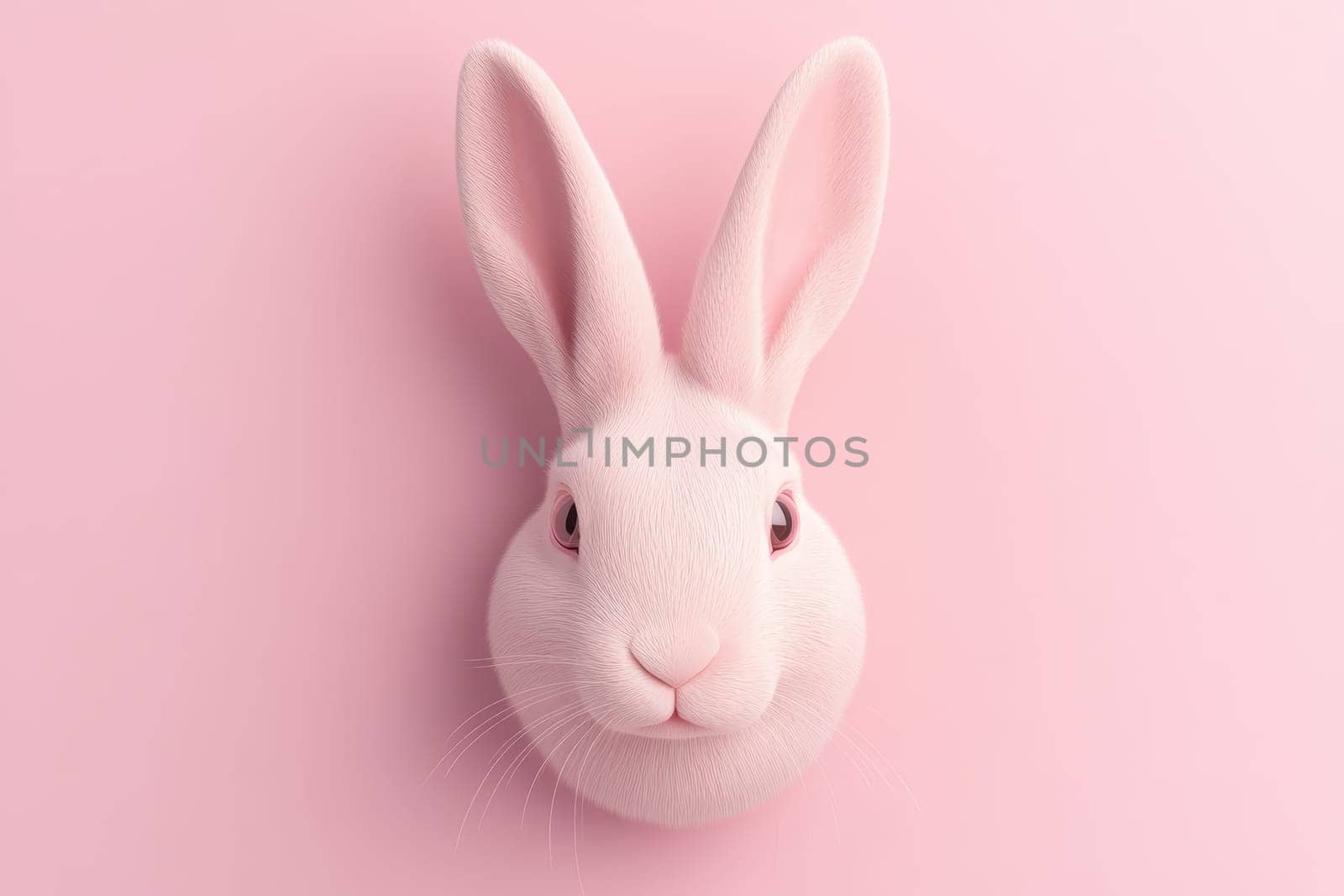 A pink rabbit with a pink face and pink ears. The rabbit is looking at the camera. The pink color of the rabbit and the pink background create a cute and playful mood