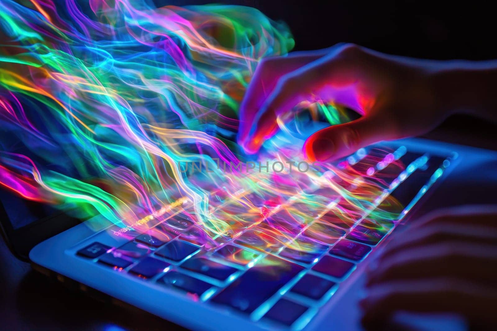 A person is typing on a laptop with a colorful keyboard. Concept of creativity and innovation, as the colorful keyboard suggests that the person is working on a project that requires a unique