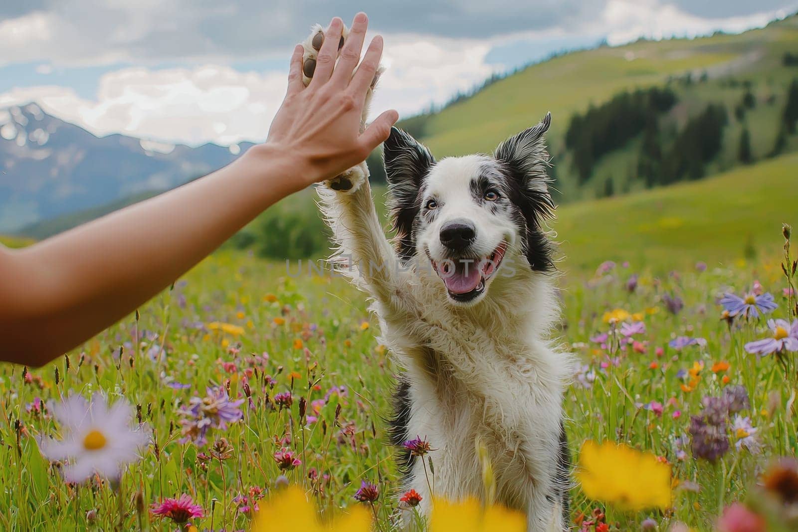 A dog is wagging its tail and giving a high five to a person. The scene is set in a field of flowers, with a person and a dog standing in the middle of the field. Scene is joyful and playful