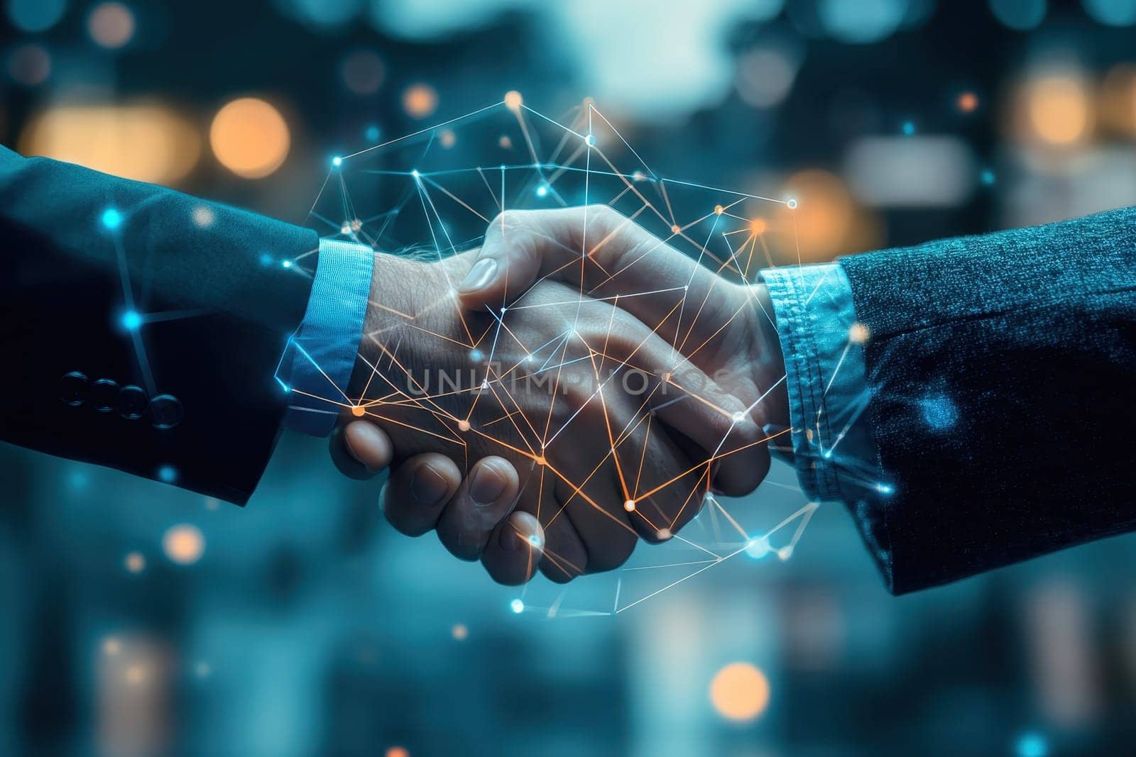 Two men shaking hands in a business meeting. The handshake is shown in a digital format with a lot of lines and dots. Concept of professionalism and trust between the two men