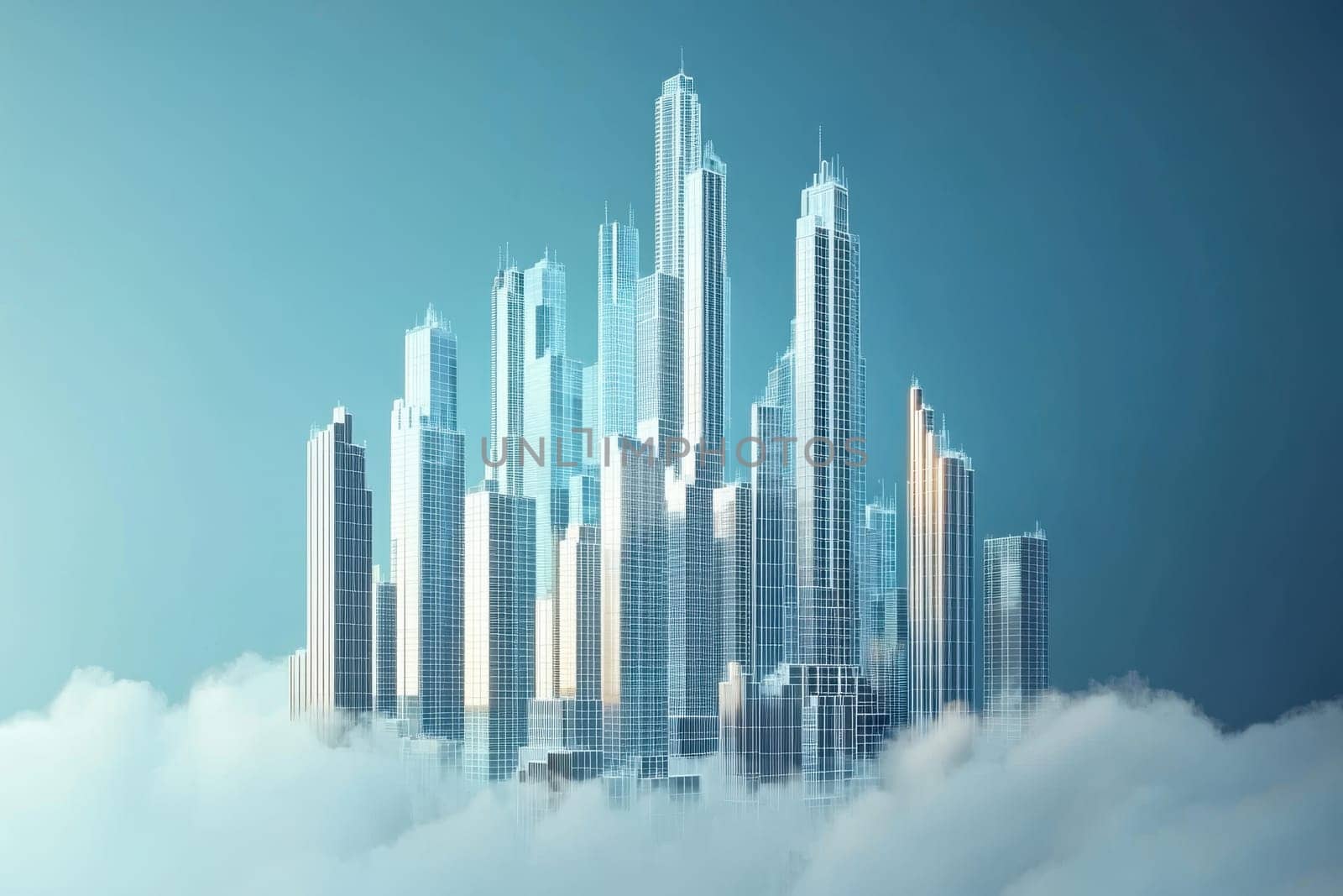 A city is shown in the sky with clouds. The city is very tall and has many buildings. The sky is blue and the clouds are white