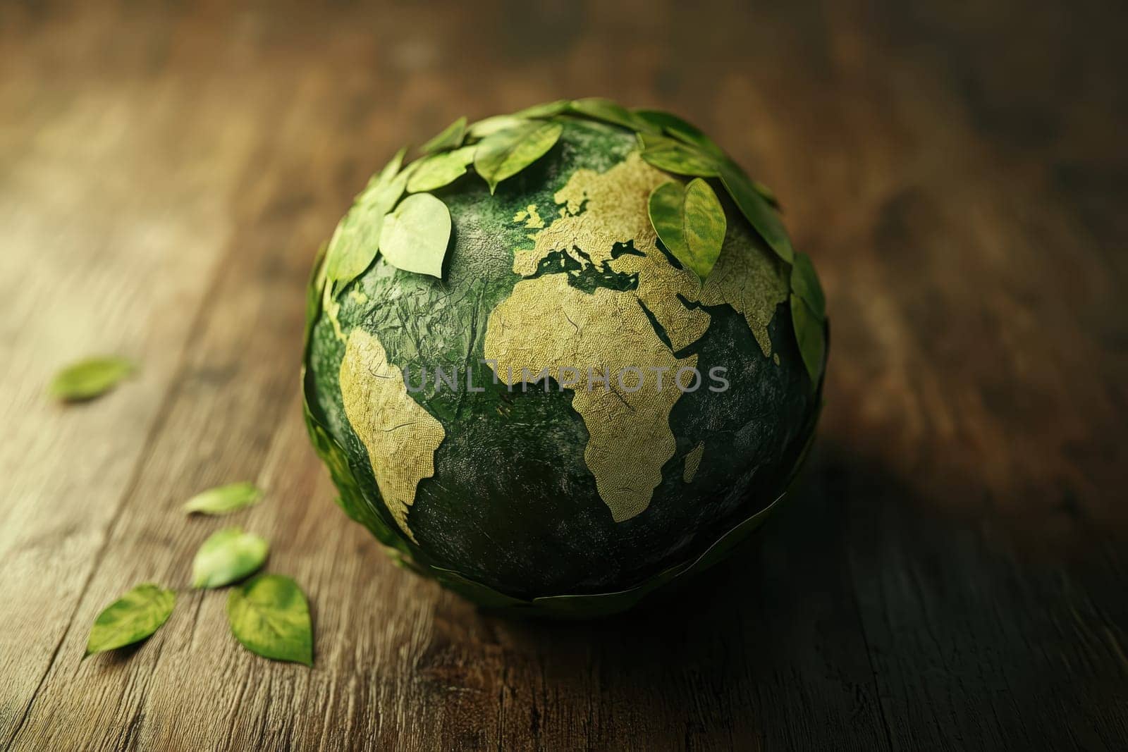 A globe made of leaves sits on a wooden table. The globe is green and has a leafy design. The leaves are scattered around the globe, giving it a natural and earthy feel
