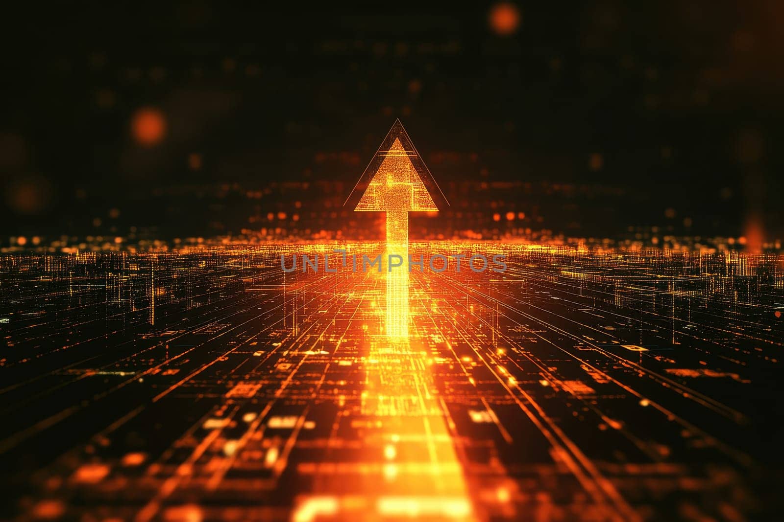 A glowing arrow is pointing upwards in a cityscape. Concept of progress and growth, as the arrow represents a journey or a path towards something better