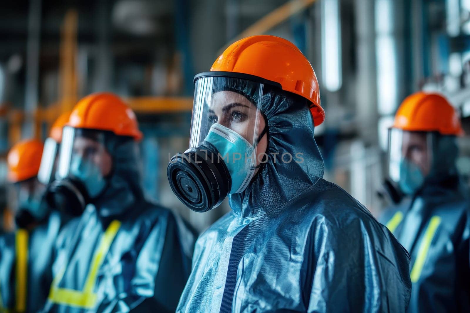 A group of people wearing protective gear and masks. Scene is serious and focused
