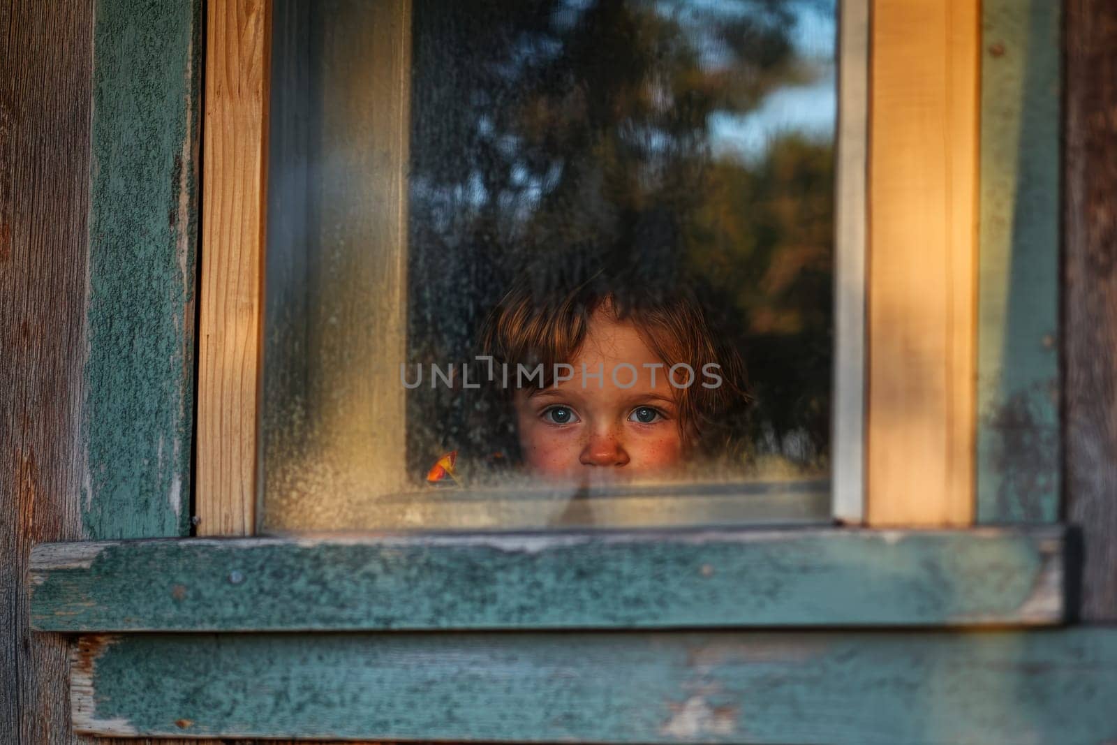 A young girl is looking out a window. The window is dirty and the girl is looking out at the trees