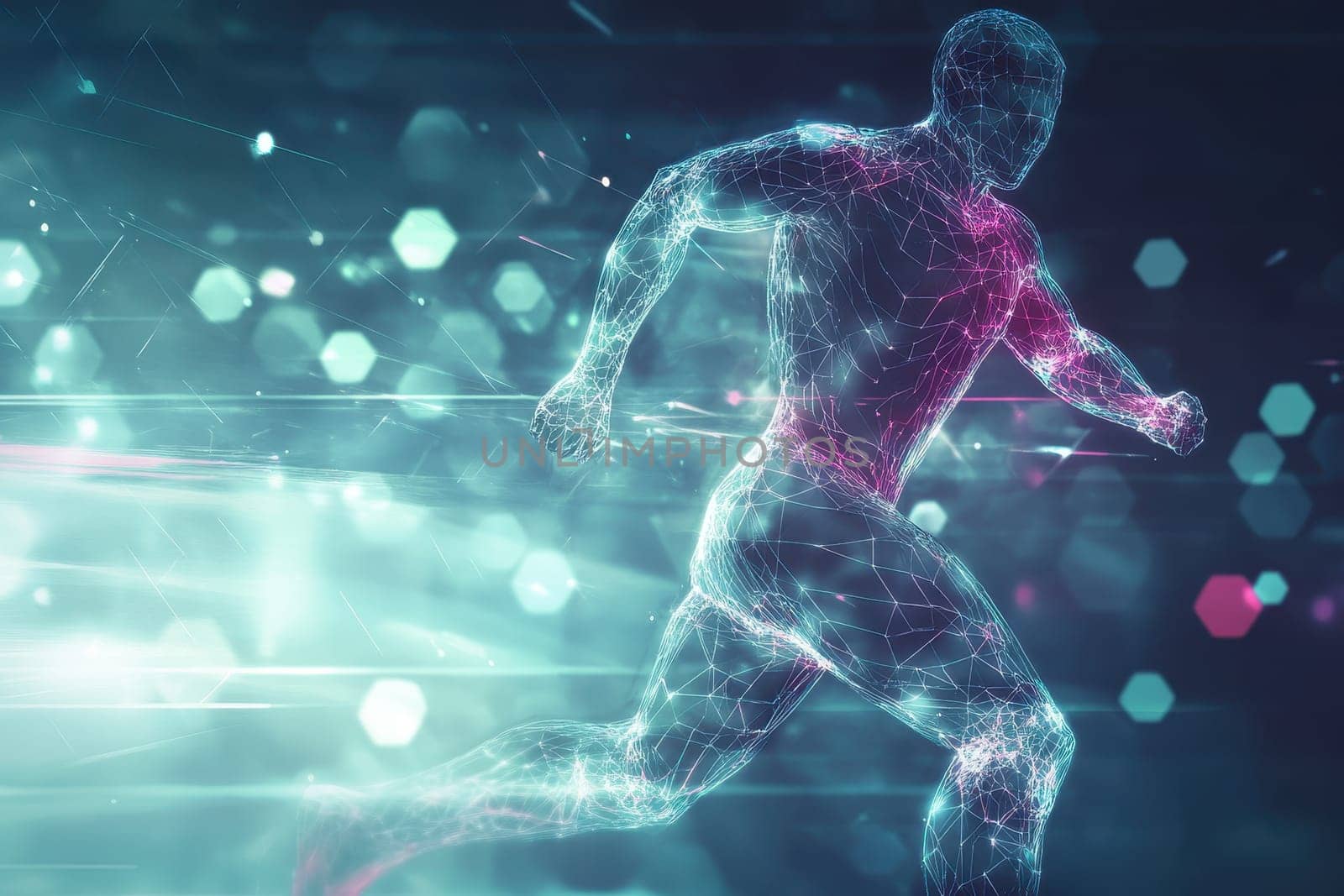 A man is running in a futuristic world with a blue background. The man is wearing a blue shirt and is surrounded by a blue and purple background. The image has a futuristic and energetic vibe