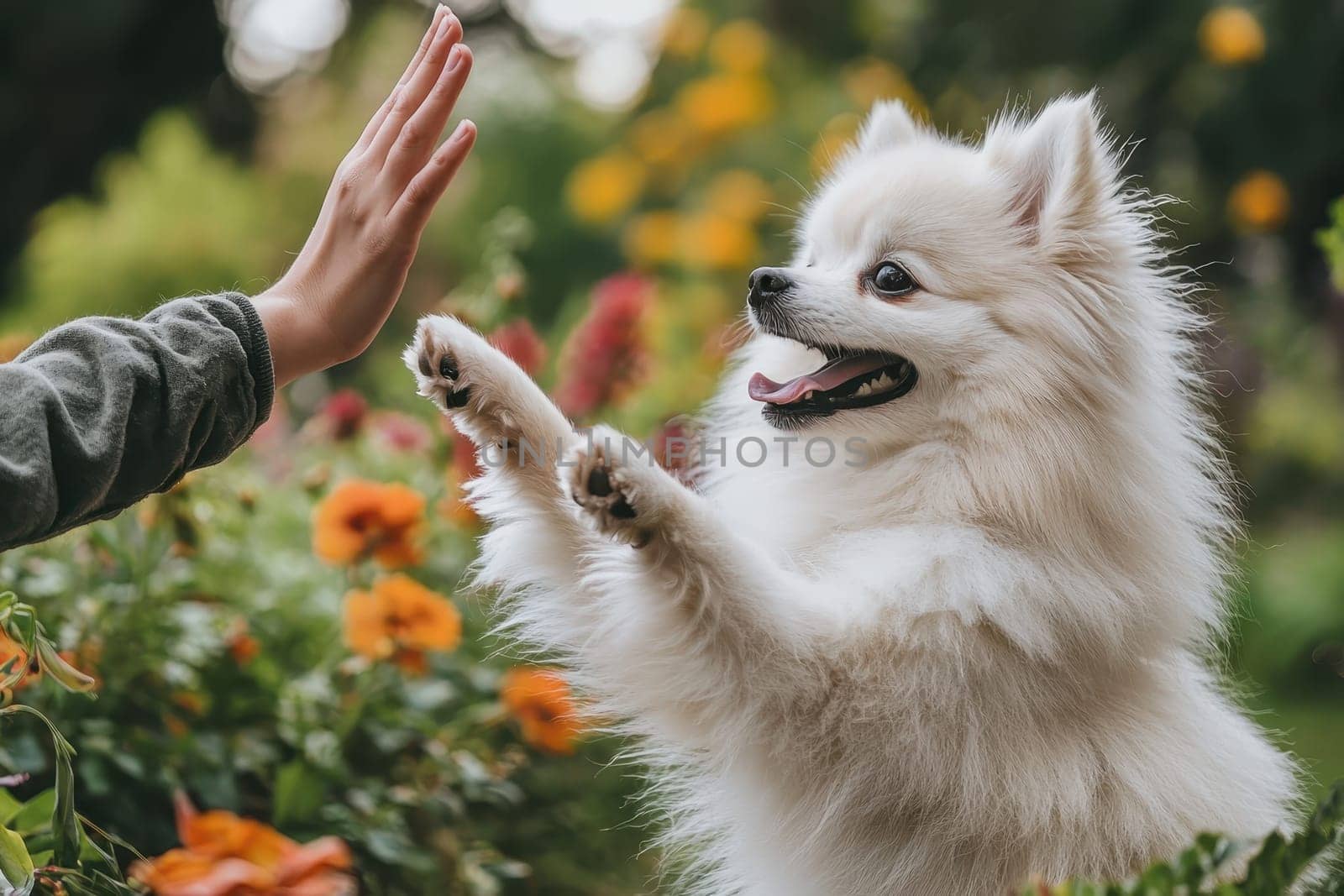 A person is giving a high five to a white dog, who is wagging its tail. The dog is standing in front of the person, and they are both smiling