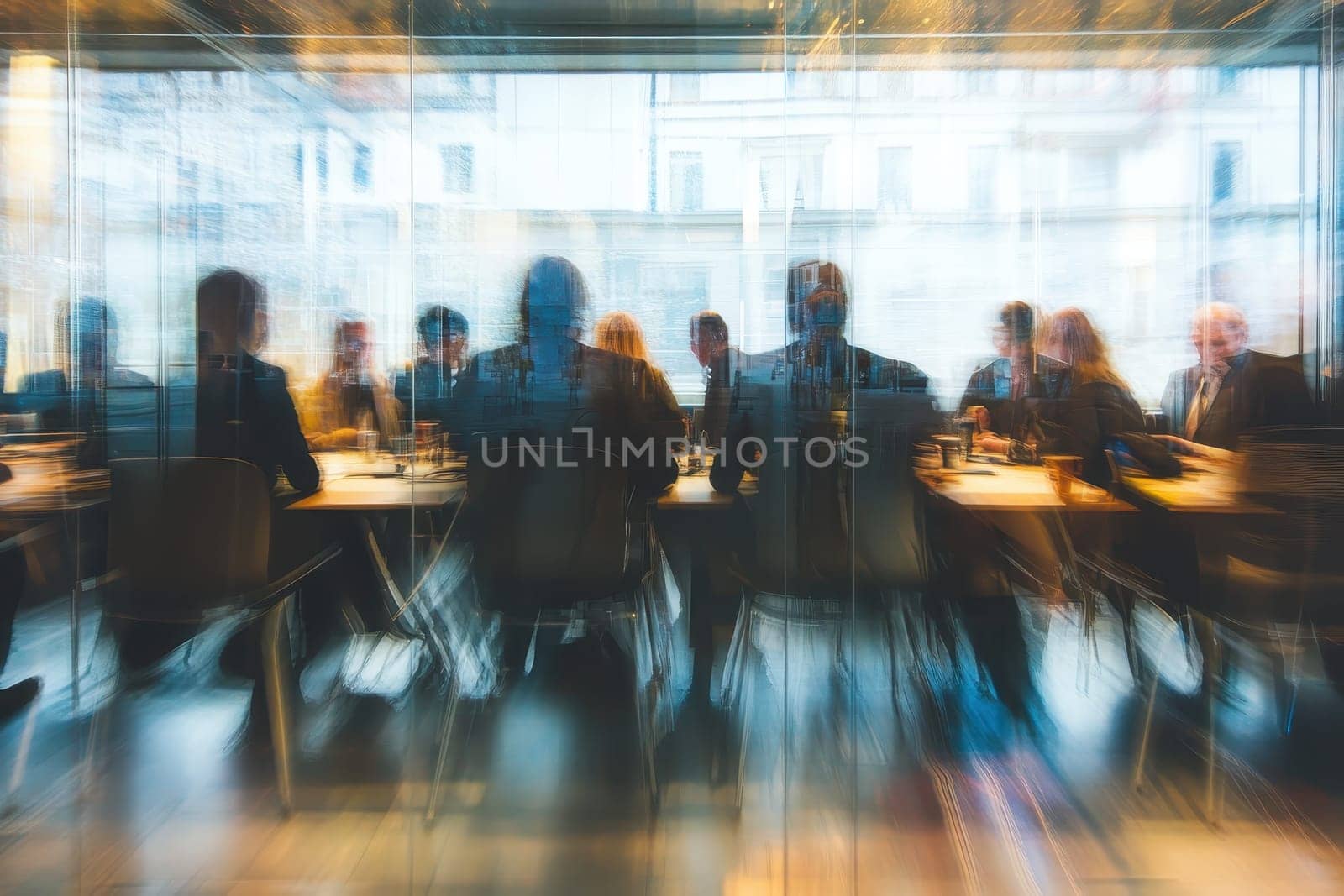 A blurry image of a group of people sitting at a table in a restaurant. The people are dressed in business attire and appear to be having a meeting or a discussion
