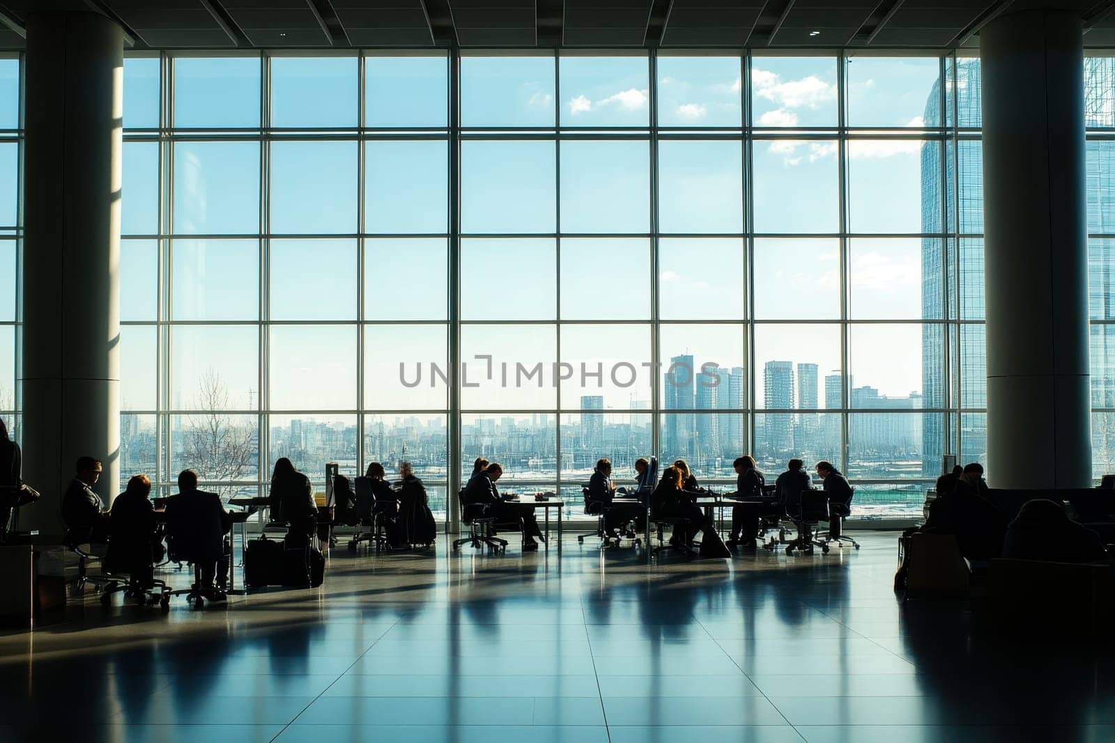 A group of people are sitting in a large room with a view of the city. The room is empty except for the people and their belongings