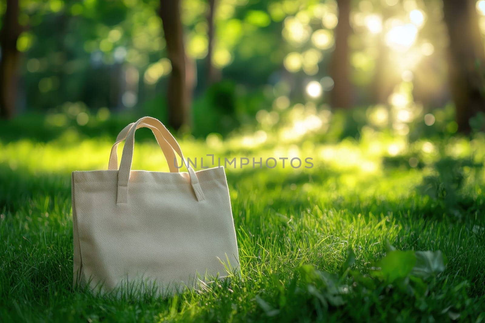 A white bag is sitting on the grass in a park. The bag is open and the grass is green
