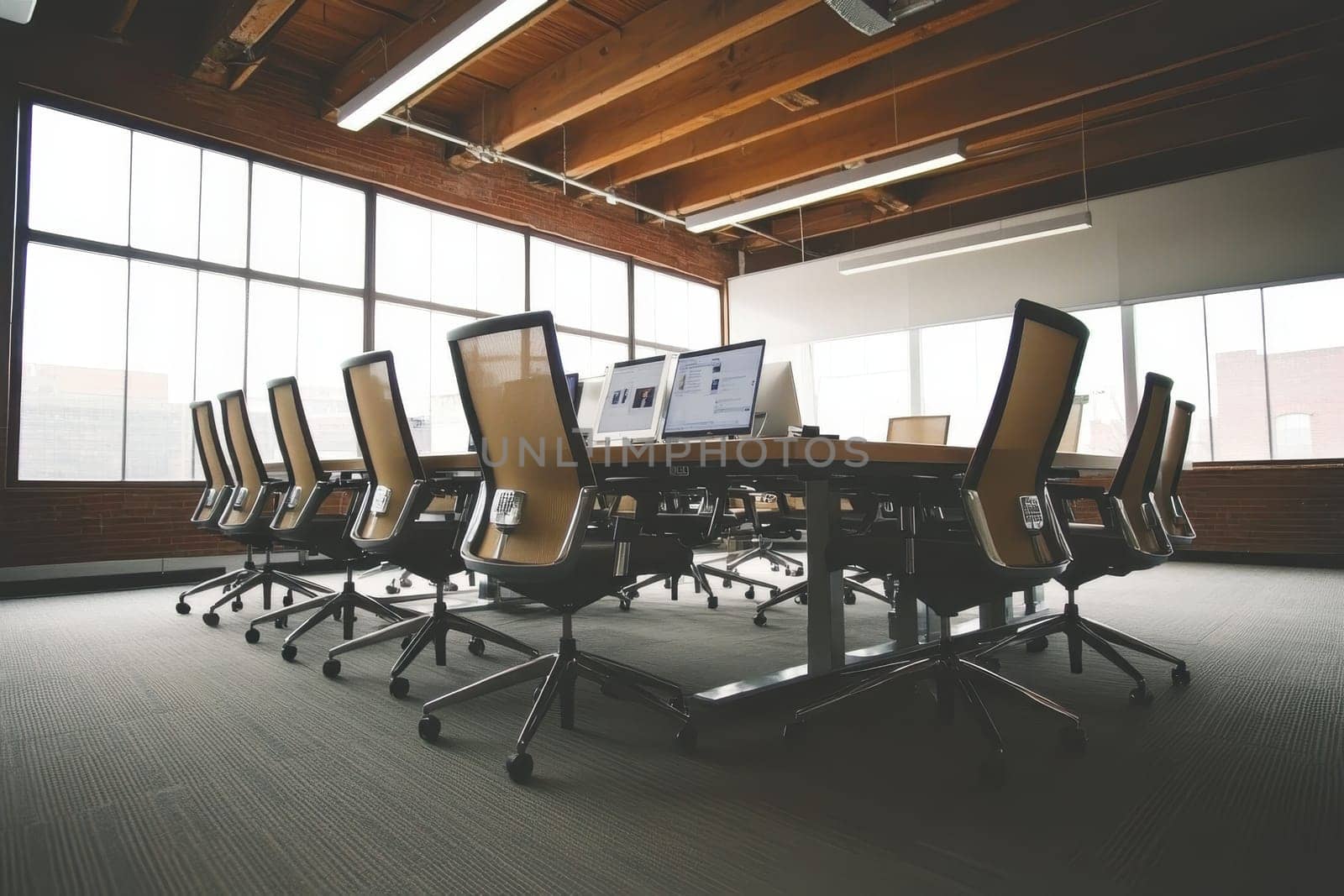 A large conference room with a long table and many chairs. The chairs are arranged in rows and the table is covered with laptops. The room is empty and the chairs are all facing the table