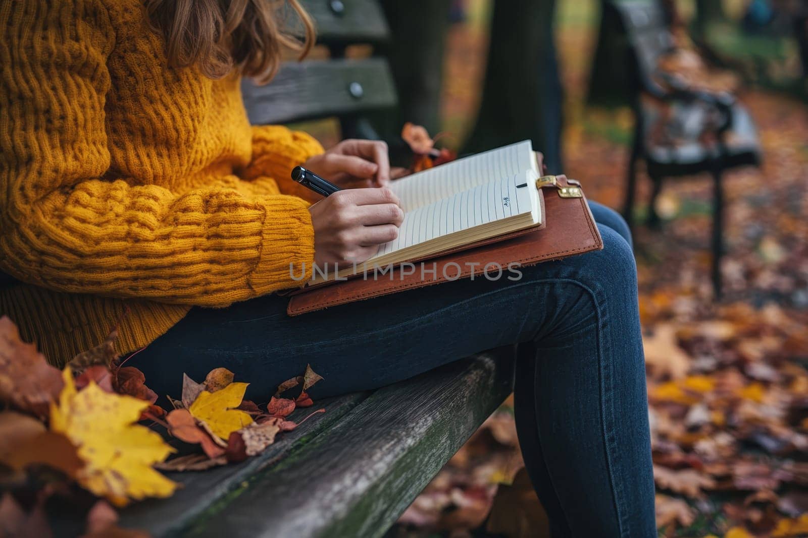 A woman is sitting on a bench and writing in a notebook. The notebook is brown and has a leather cover. The woman is wearing a yellow sweater and jeans. The bench is surrounded by fallen leaves