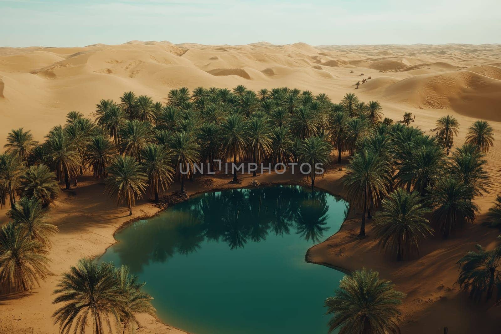 A large body of water surrounded by palm trees. The water is blue and the palm trees are green