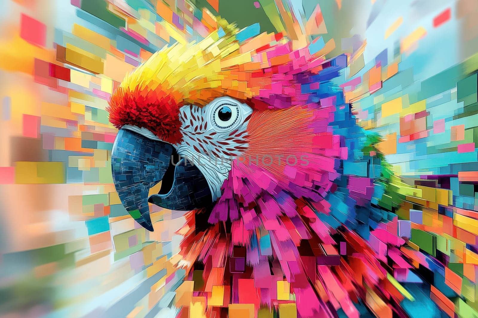 A colorful parrot with a bright blue eye is the main focus of the image. The parrot's feathers are a mix of vibrant colors, creating a lively and energetic atmosphere