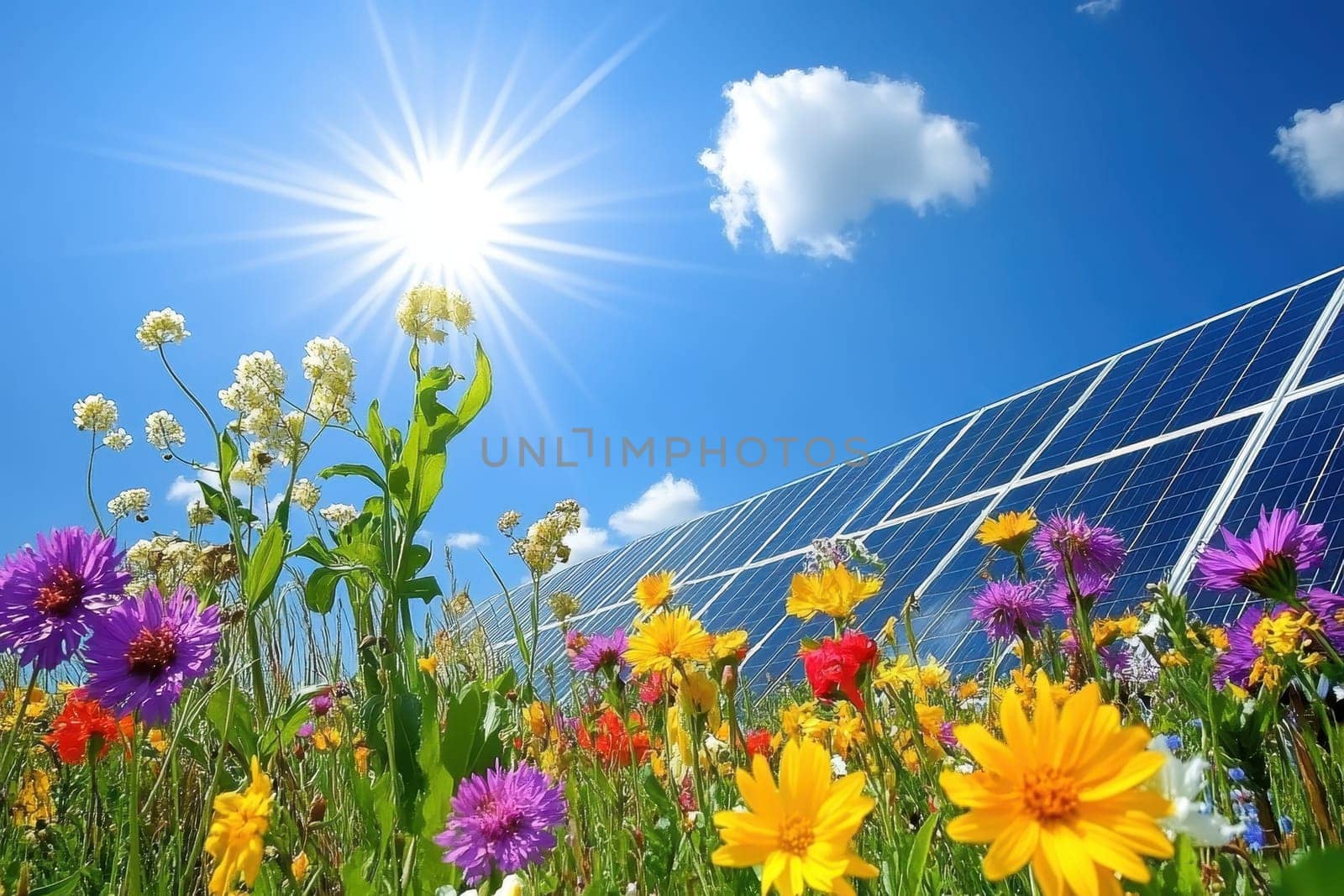 A field of flowers with a bright sun shining on them. The sun is the main focus of the image, and the flowers are in the background. Scene is cheerful and bright, as the sun