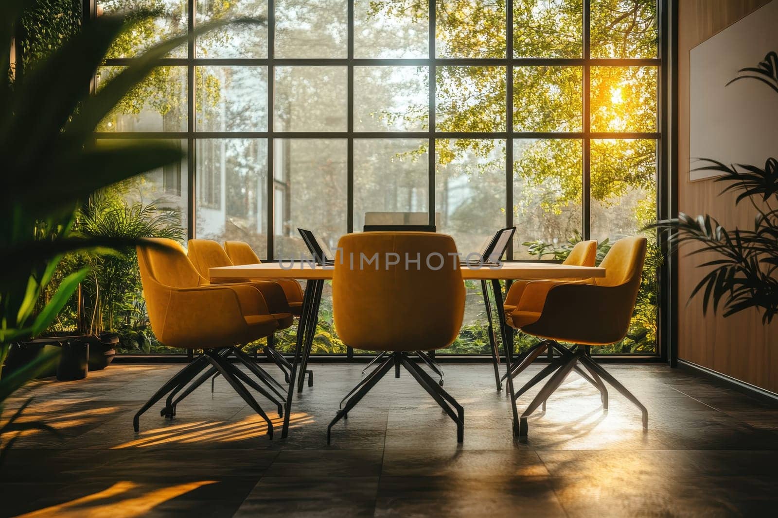 A large, yellow table with six chairs around it is in a room with a large window. The room is filled with plants and has a modern, clean look. The table is set for a meeting or gathering