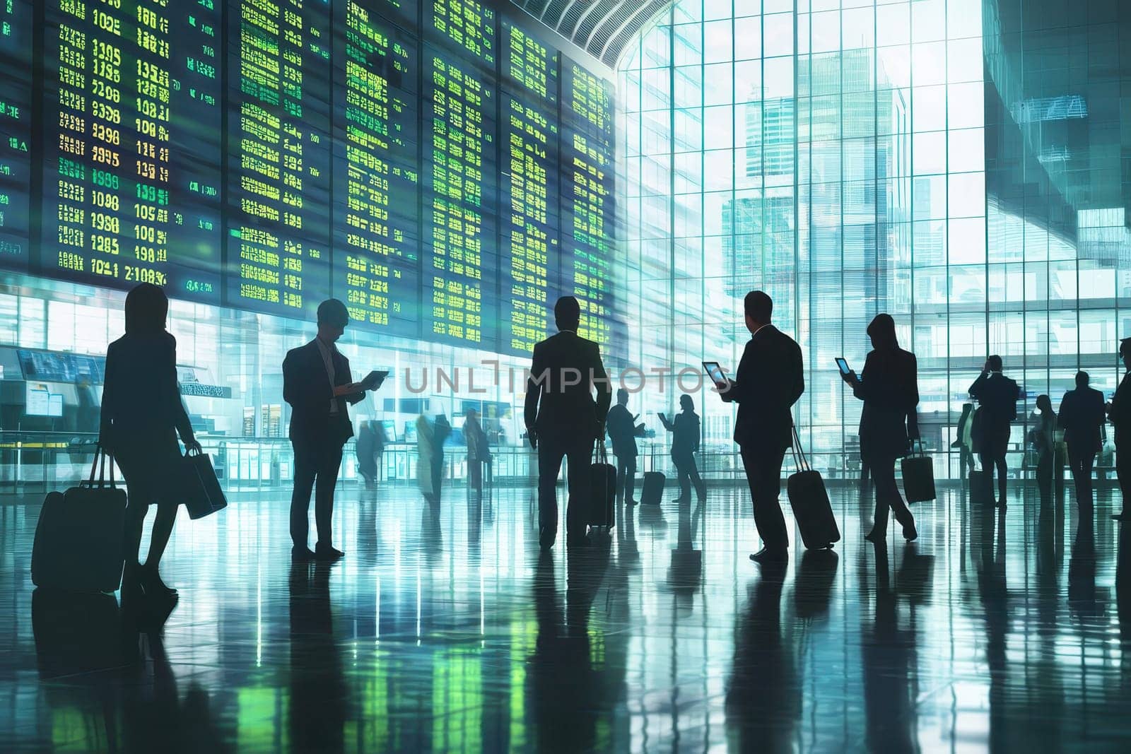 A group of people are walking through a large airport terminal with many screens displaying stock prices. Scene is busy and bustling, with people carrying luggage and using their devices