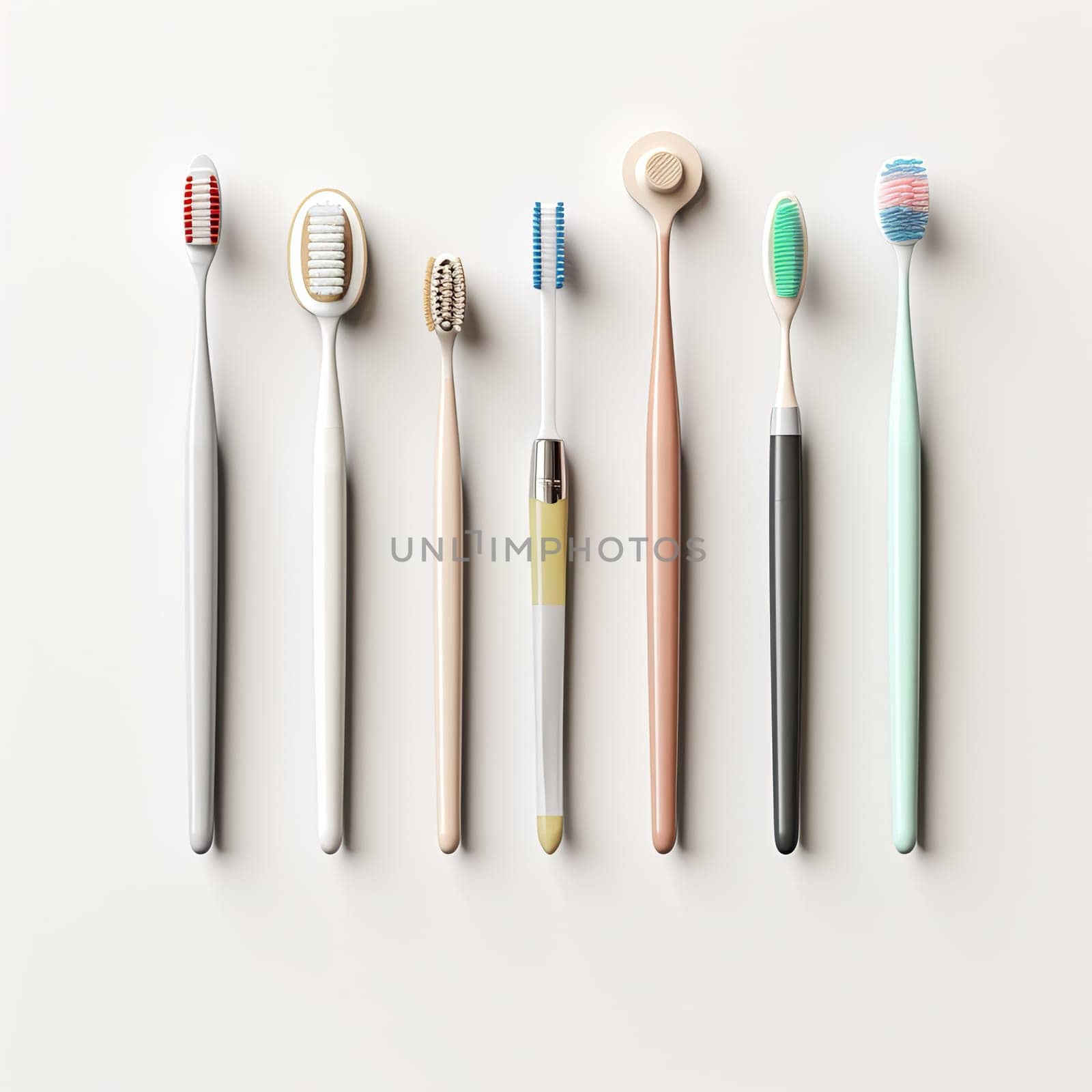 This 3D rendering features a variety of colorful toothbrushes isolated on a white background. Each toothbrush showcases unique designs and vibrant colors, arranged neatly.