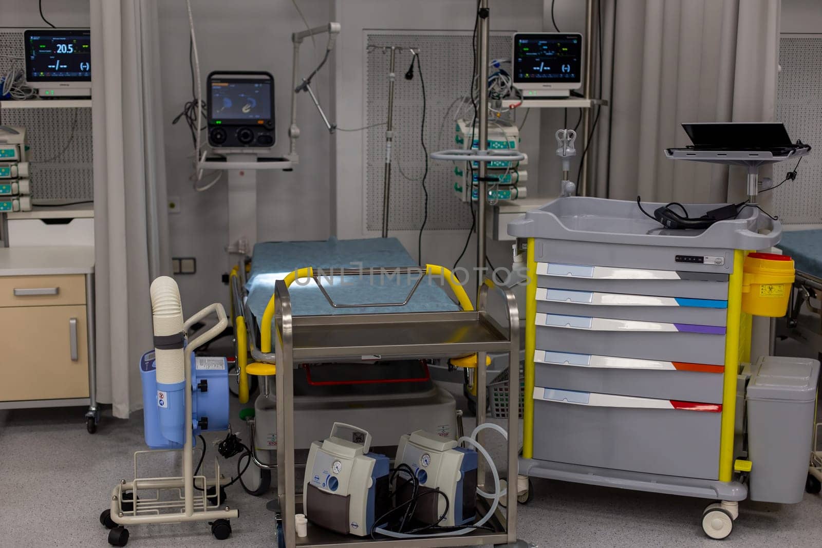Moscow, Moscow region, Russia - 03.09.2023:Medical patient bed and advanced equipment in a contemporary hospital room.