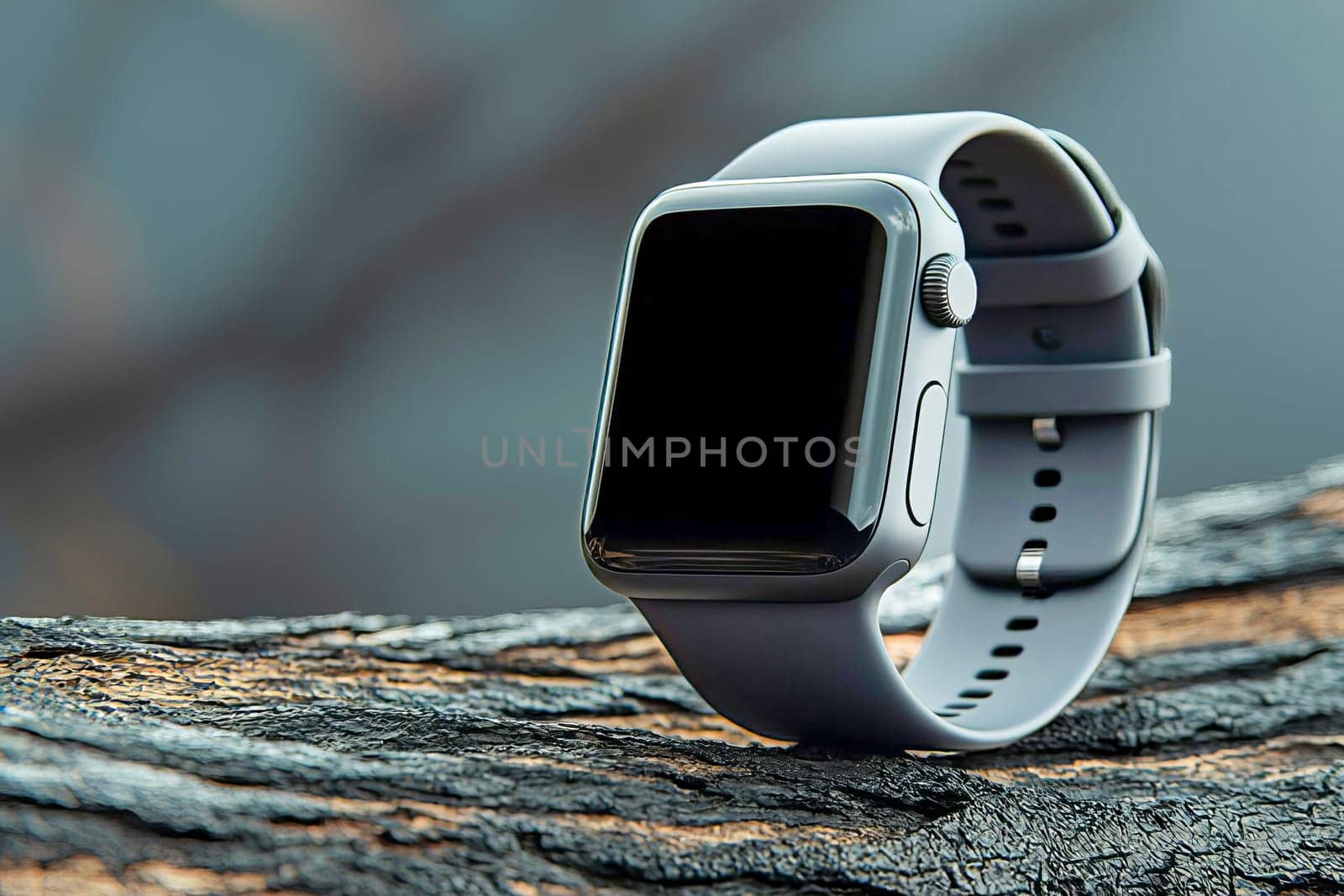Stylish smartwatch with black screen and light gray strap against textured tree bark background in natural environment.