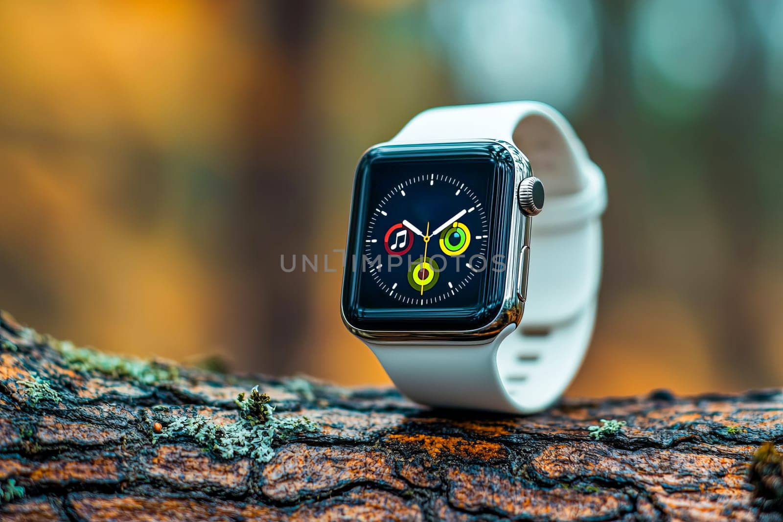 Stylish smartwatch with black screen and light gray strap against textured tree bark background in natural environment.