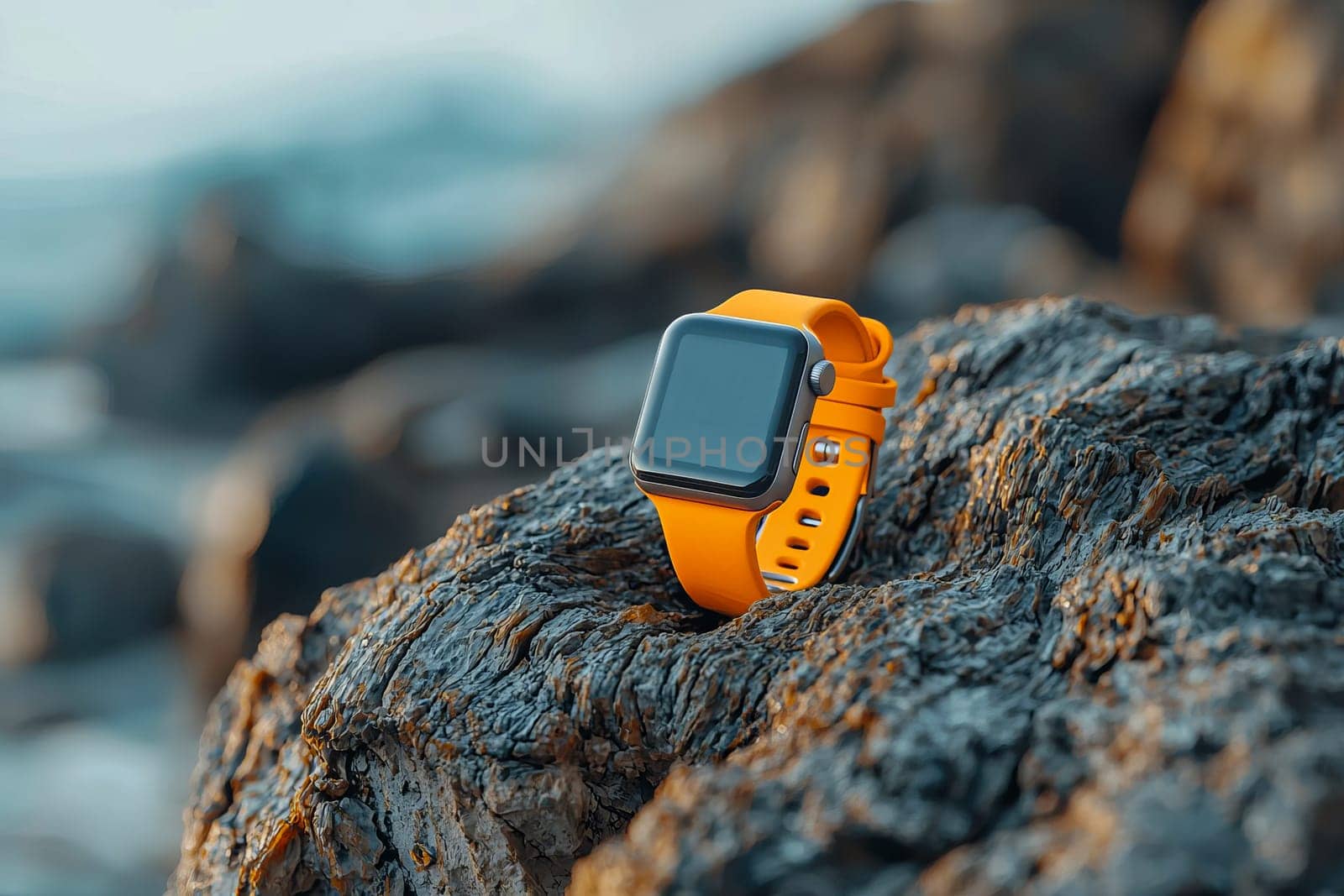 Stylish smartwatch with black screen and light gray strap against textured tree bark background in natural environment.