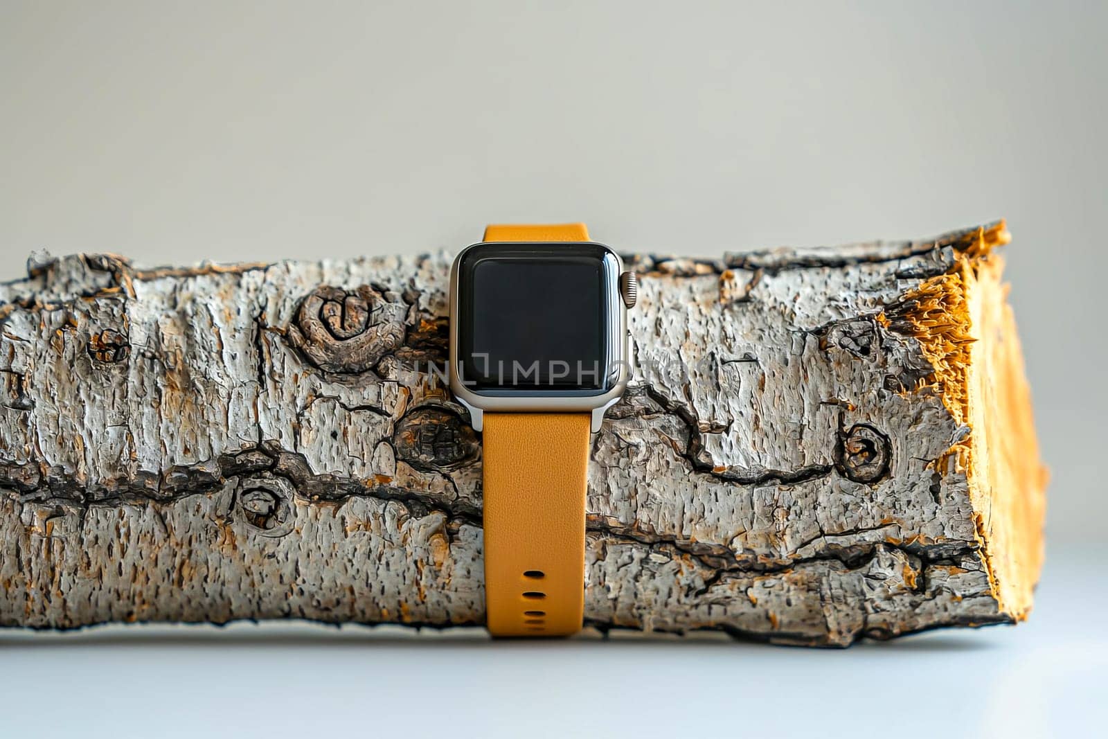 Stylish smartwatch with black screen and light gray strap against textured tree bark background in natural environment.