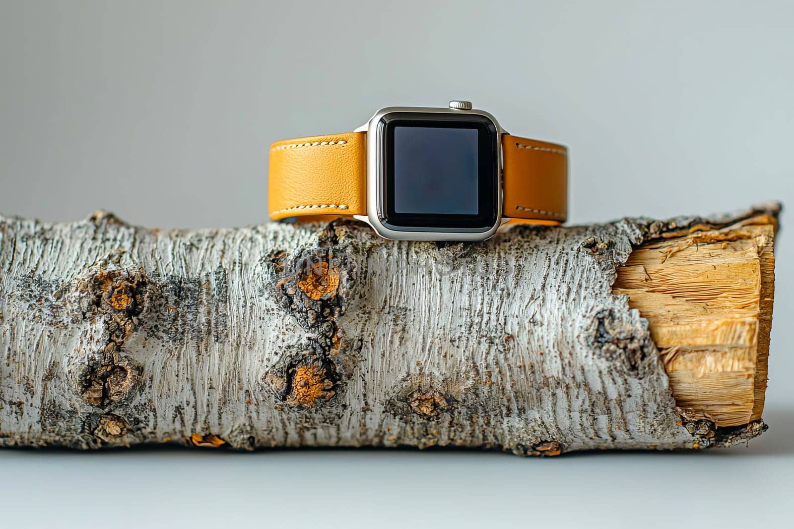 Stylish smartwatch with black screen and light gray strap against textured tree bark background in natural environment.