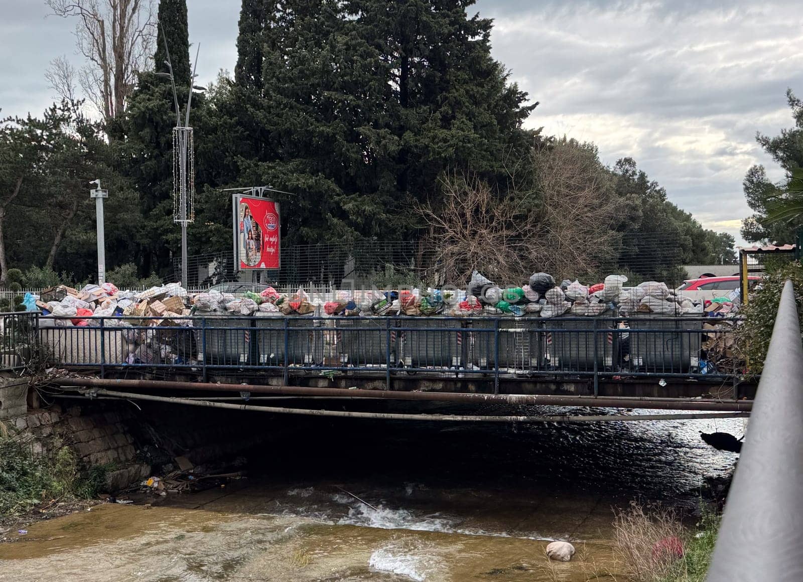 Montenegro, Budva, January 30, 2025. Mountains of uncollected garbage on the streets of the city. Strike of utility workers. High quality photo