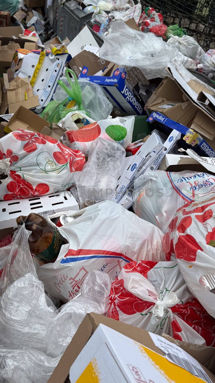 Montenegro, Budva, January 30, 2025. Mountains of uncollected garbage on the streets of the city. Strike of utility workers. High quality photo
