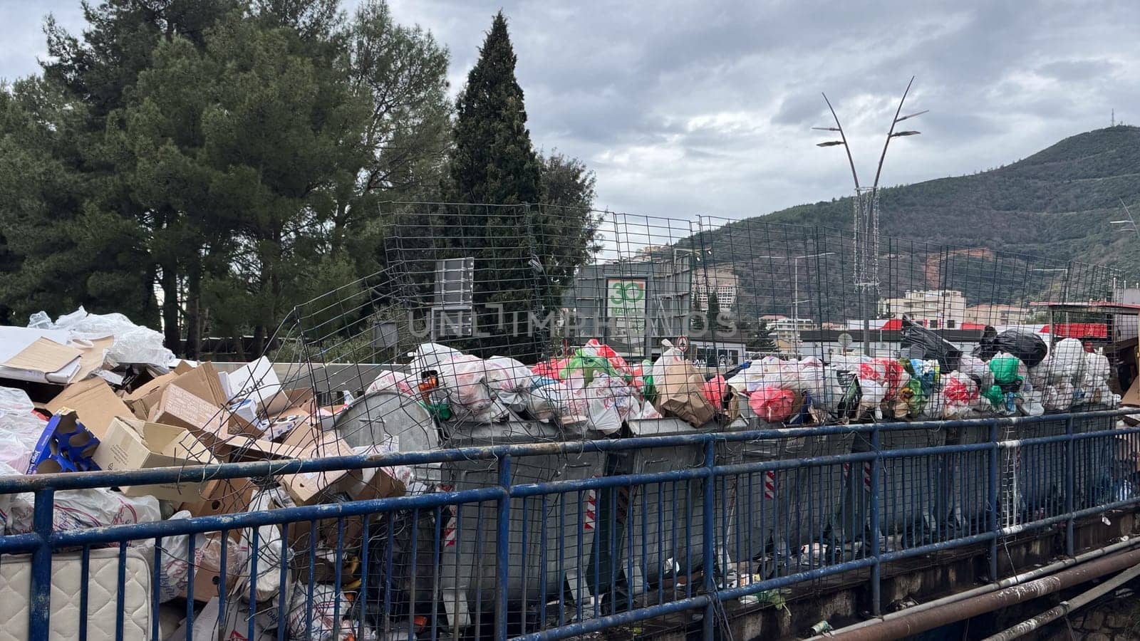 Montenegro, Budva, January 30, 2025. Mountains of uncollected garbage on the streets of the city. Strike of utility workers. High quality photo