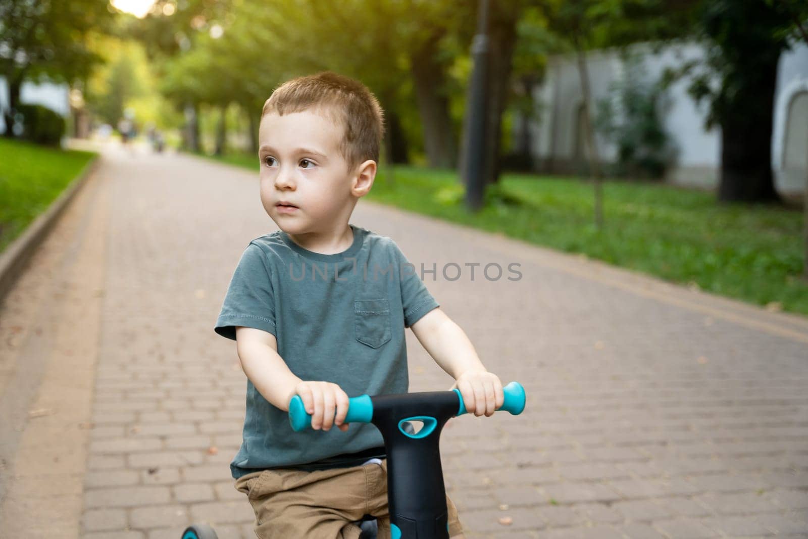 A cute toddler boy of two or three years old rides a bicycle or balance bike in a city park on a sunny summer day. Toddlerhood and childhood concept. Selective focus
