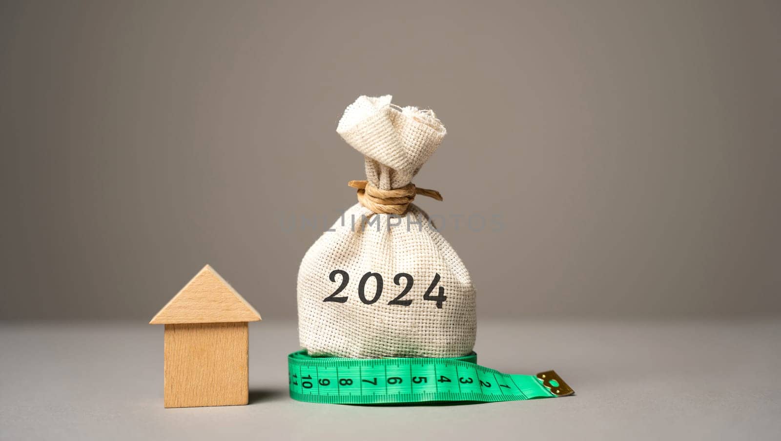 Wooden house and money bag 2024. Family budget planning for next year. Investments, plans, savings. Mortgage rates. Real estate concept. Refinance home.