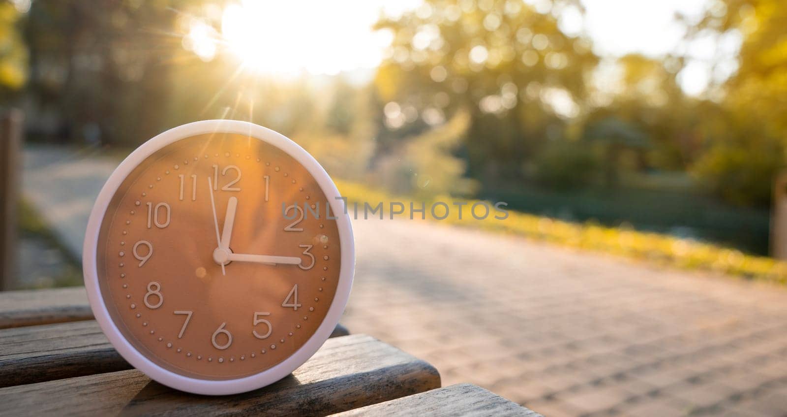 The clock stands on a bench in the park on a sunny autumn day. Change time concept. Planning your day and managing time. Autumn fall season. DST. Selective Focus