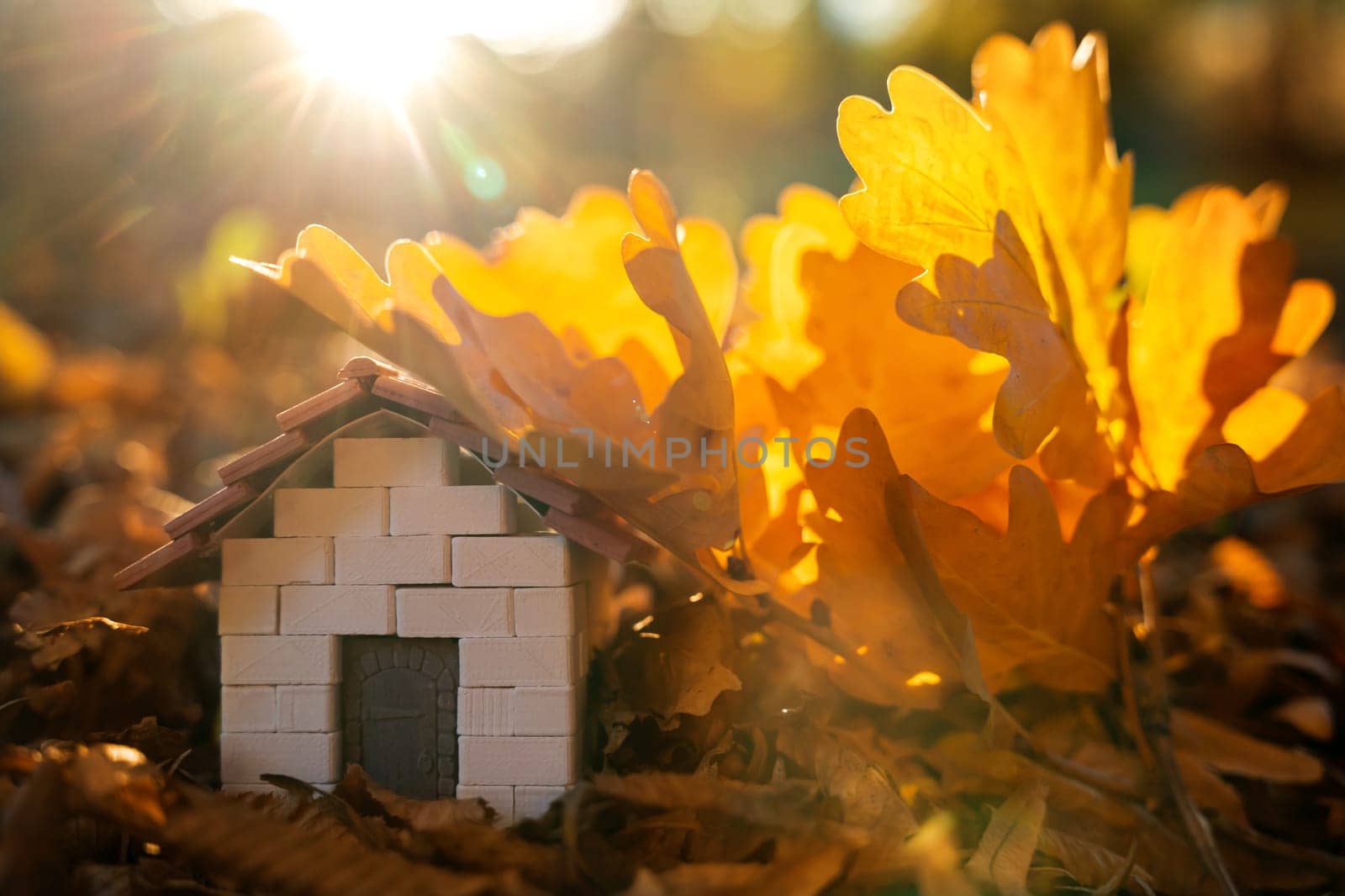 Miniature wooden house with yellow leaves on a sunny autumn day. Real estate and affordable housing concept. Mortgage, loan and insurance of apartments. Selling and buying home. Sunset