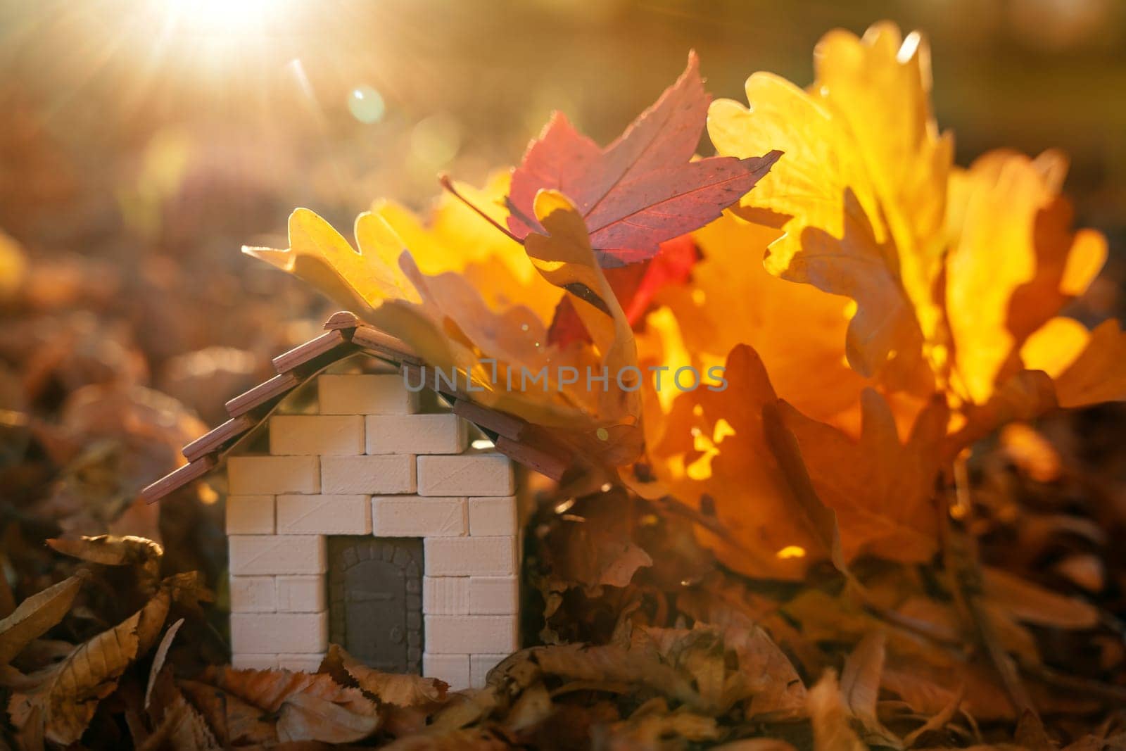 Miniature wooden house with yellow leaves on a sunny autumn day. Real estate and affordable housing concept. Mortgage, loan and insurance of apartments. Selling and buying home. Sunset