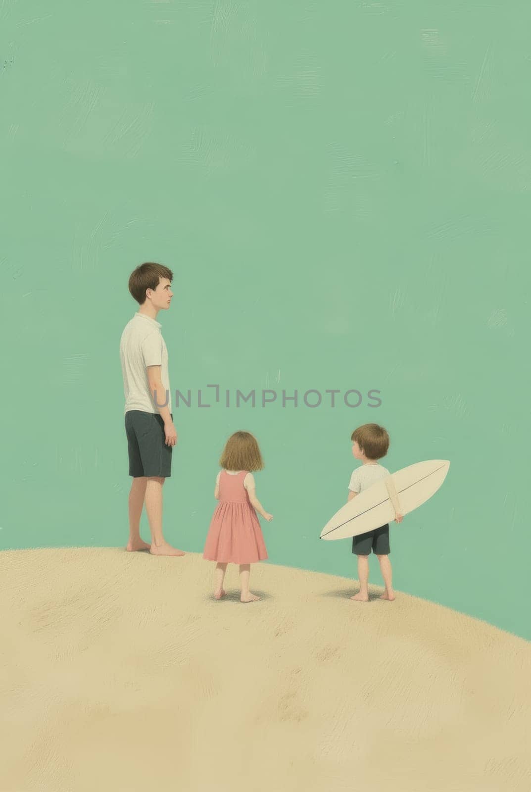 A minimalist illustration depicting a family scene at the beach. A father and his two children, a boy and a girl, stand facing the ocean. The boy holds a surfboard.