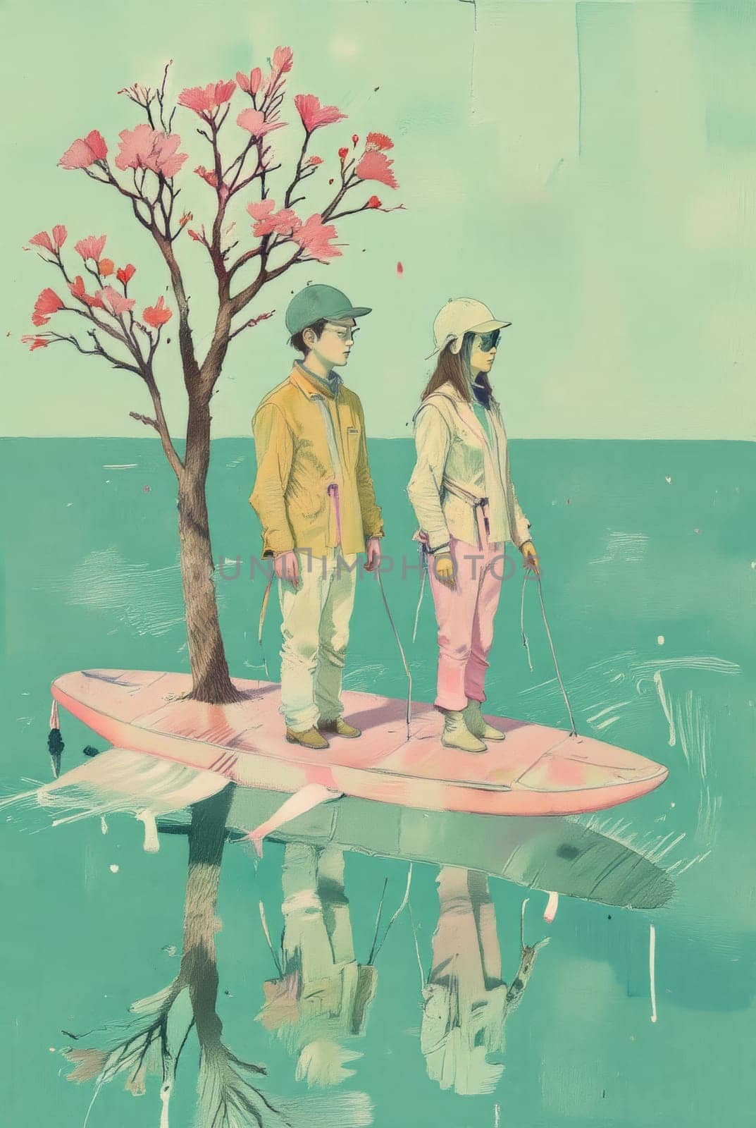 Two figures, a man and a woman, are poised on a floating platform resembling a surfboard. A small flowering tree anchors the scene, creating a surreal yet peaceful atmosphere on the calm water.