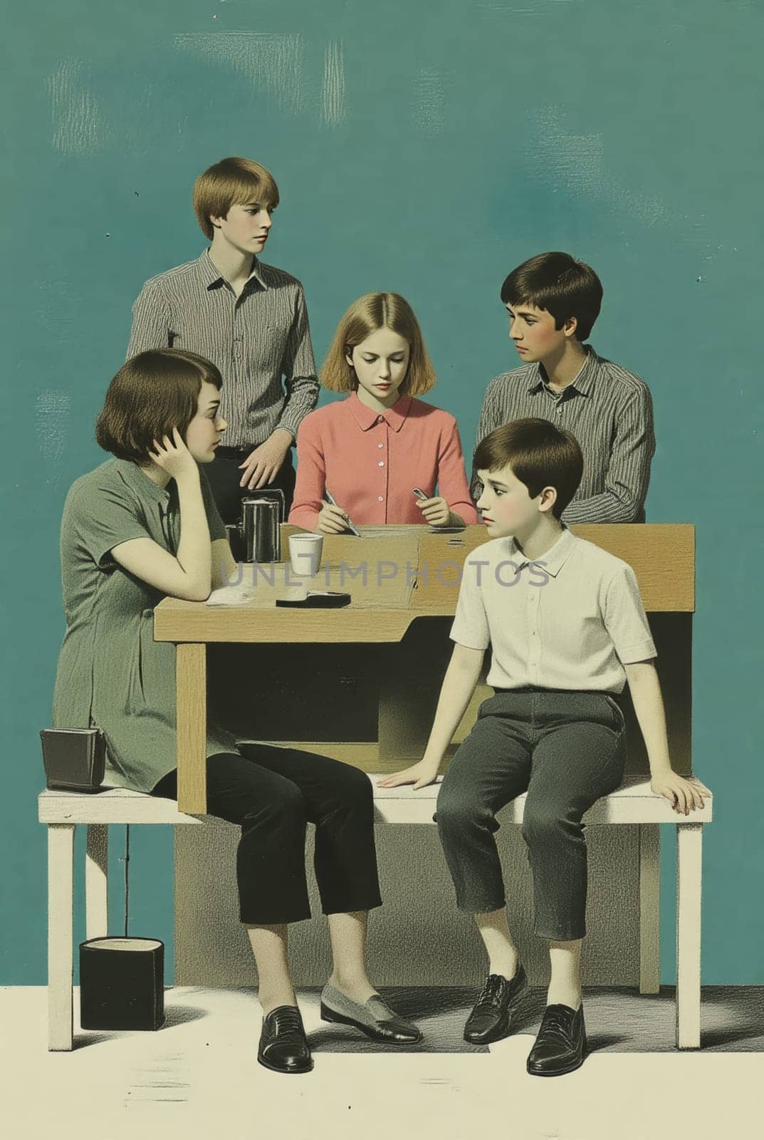 A group of teenagers, dressed in simple, muted clothing, gather around a low table. The atmosphere is calm and contemplative. They appear to be working on a project or having a discussion.