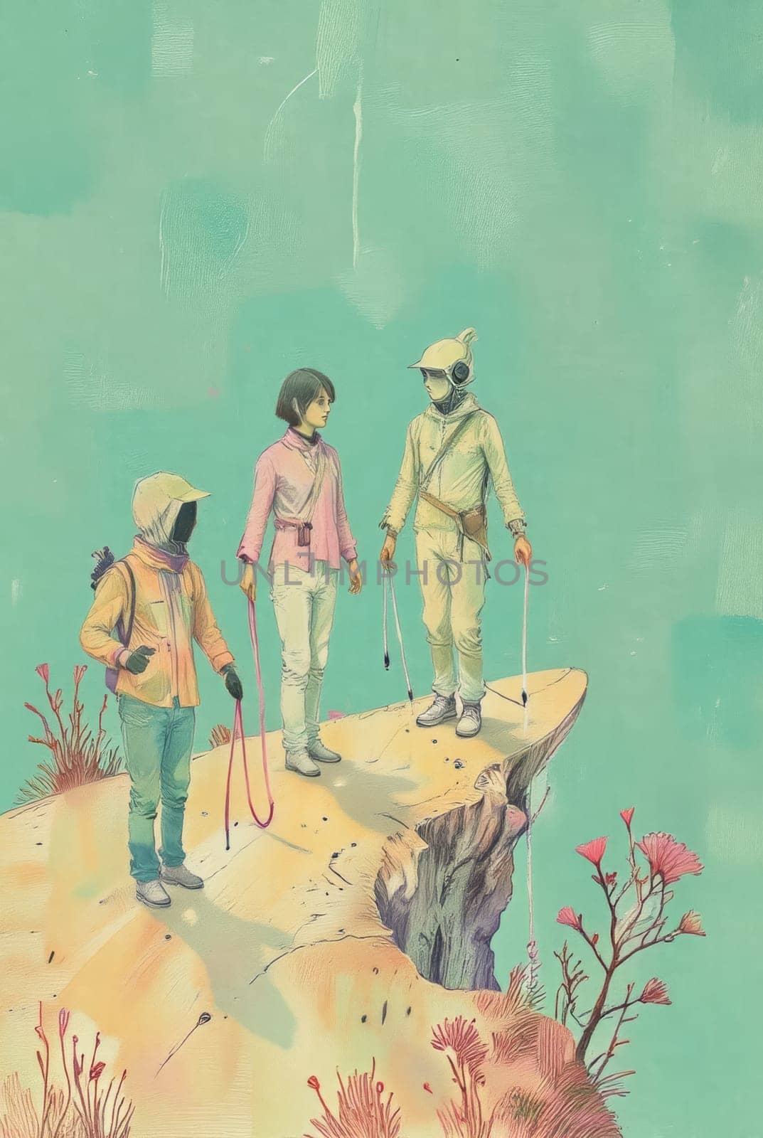 Three individuals, each in unique attire, stand on a precipice overlooking a tranquil, otherworldly vista. Their contemplative poses suggest a shared moment of quiet reflection.