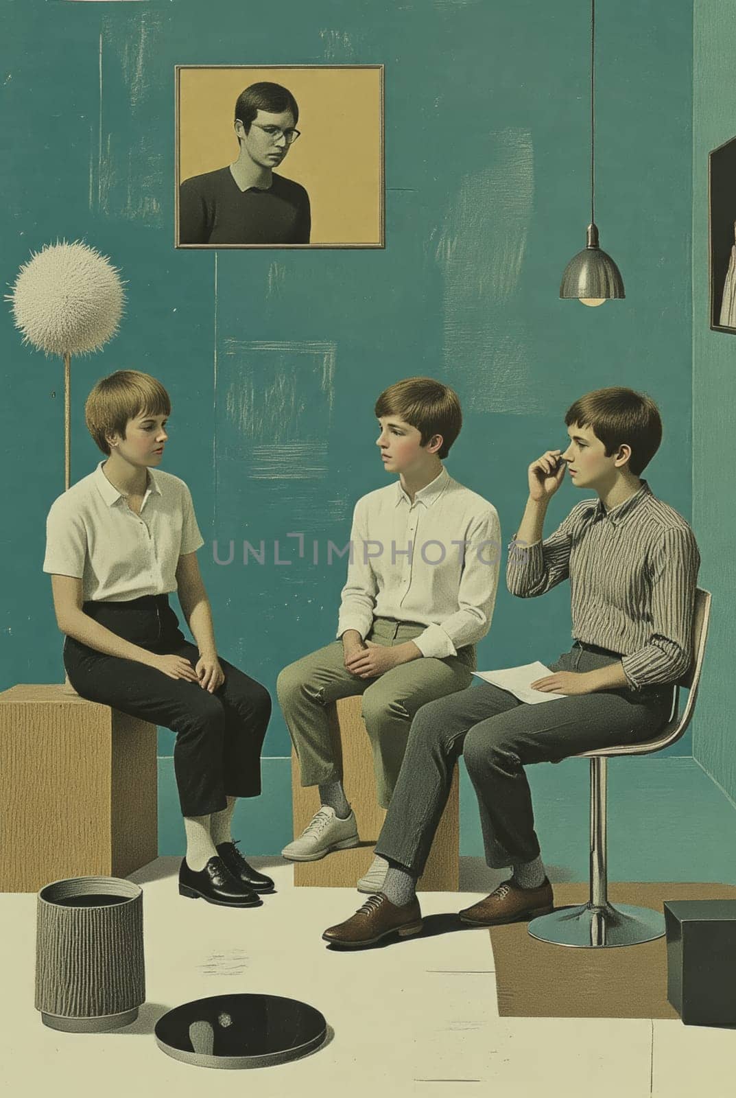 A stylized illustration depicting three teenagers—two boys and a girl—seated in a room with muted teal walls. The atmosphere is calm and introspective.